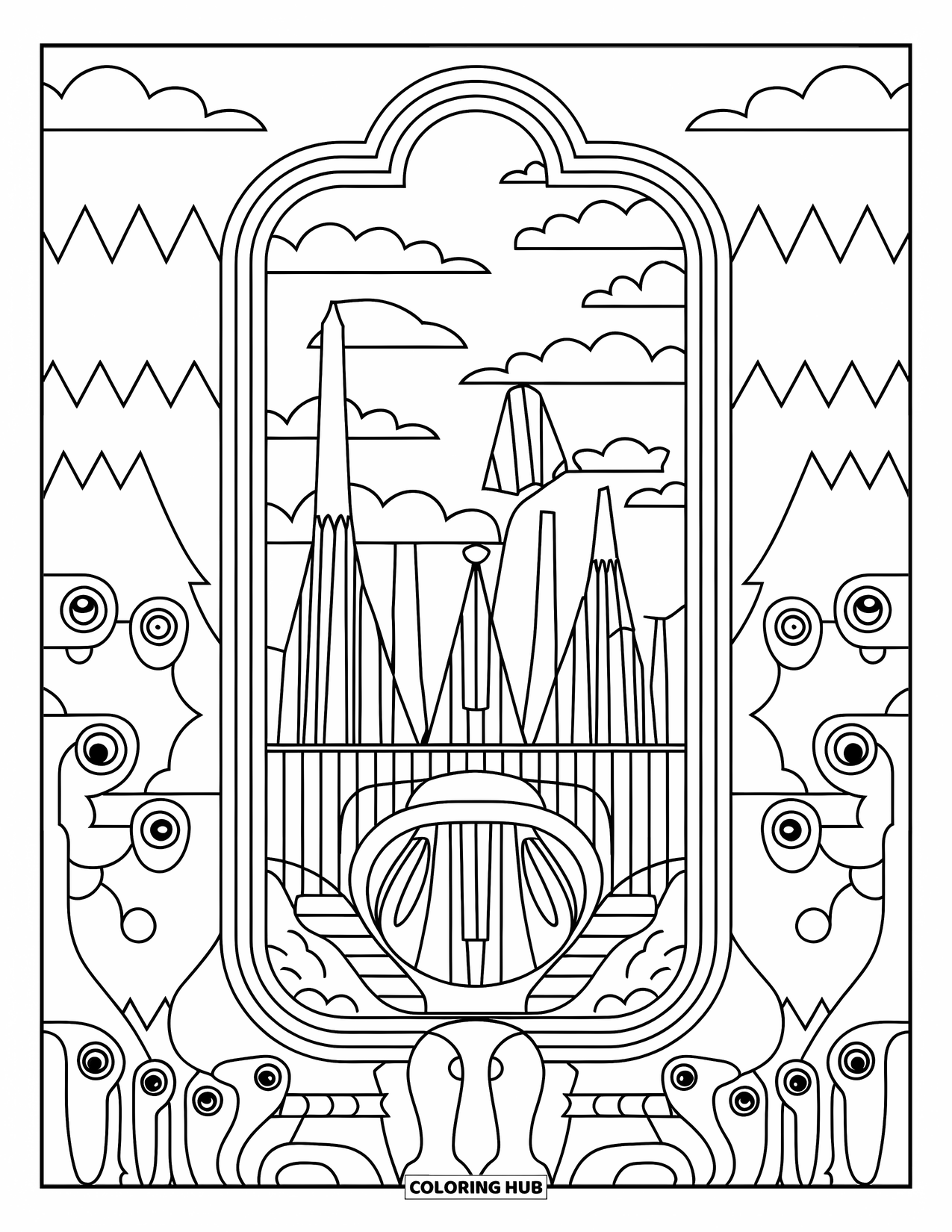 Magic Coloring Page for Adults: A mirror revealing a world of tall spires, bridges, and horned mystical creatures
