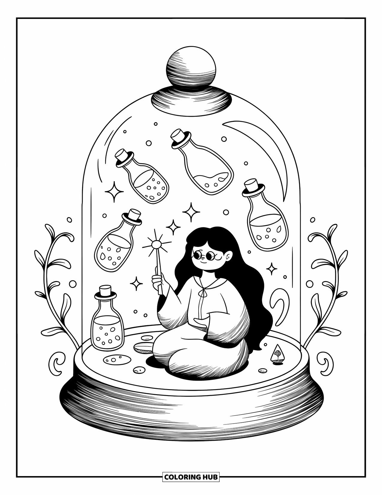 Magic Coloring Page for Adults: A sorceress sits under a bell jar painting sigils surrounded by floating potions