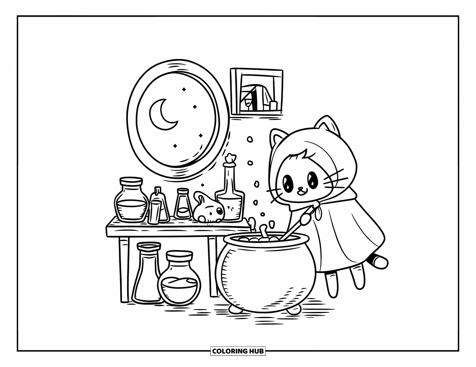 Magic Coloring Page for Adults: A tiny wizard's nook with potion jars, a cauldron, and a cloaked cat brewing