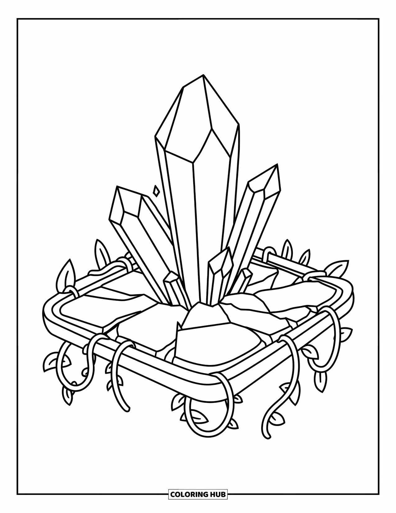 Magic Coloring Page for Adults: Crystals sprouting from a cracked spell tablet with vines surrounding it