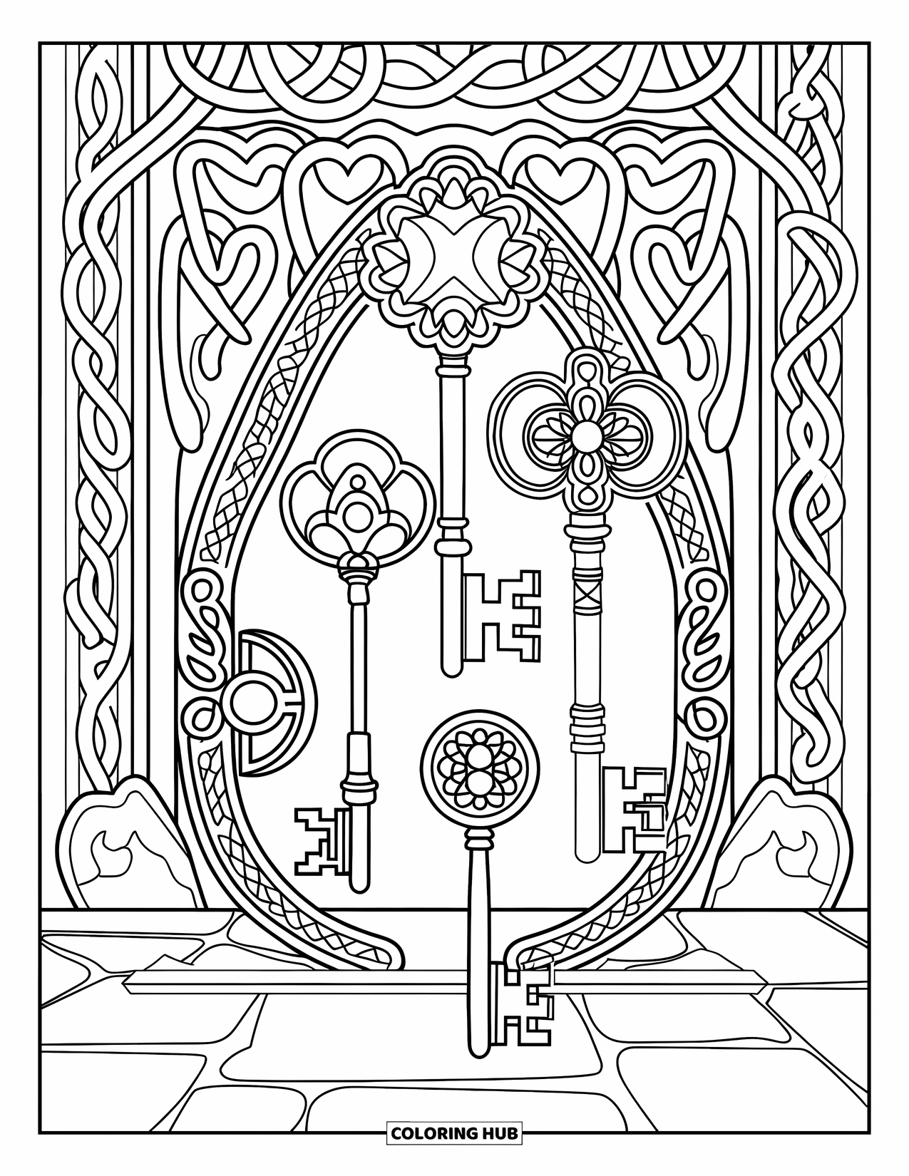 Magic Coloring Page for Adults: Magical keys floating above stone with intertwined serpent and heart patterns