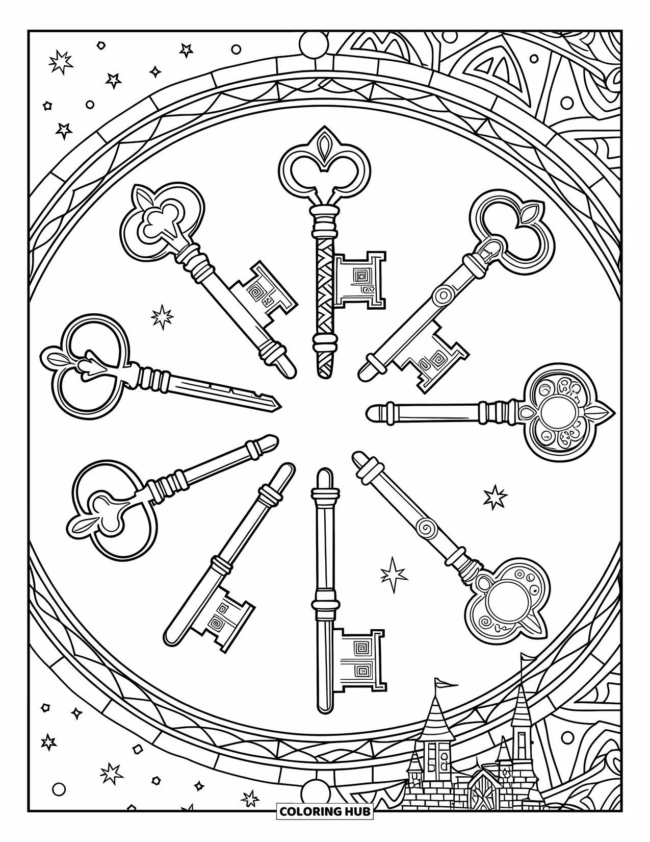 Magic Coloring Page for Adults: Magical keys hovering in a circle with a starry sky and castle backdrop