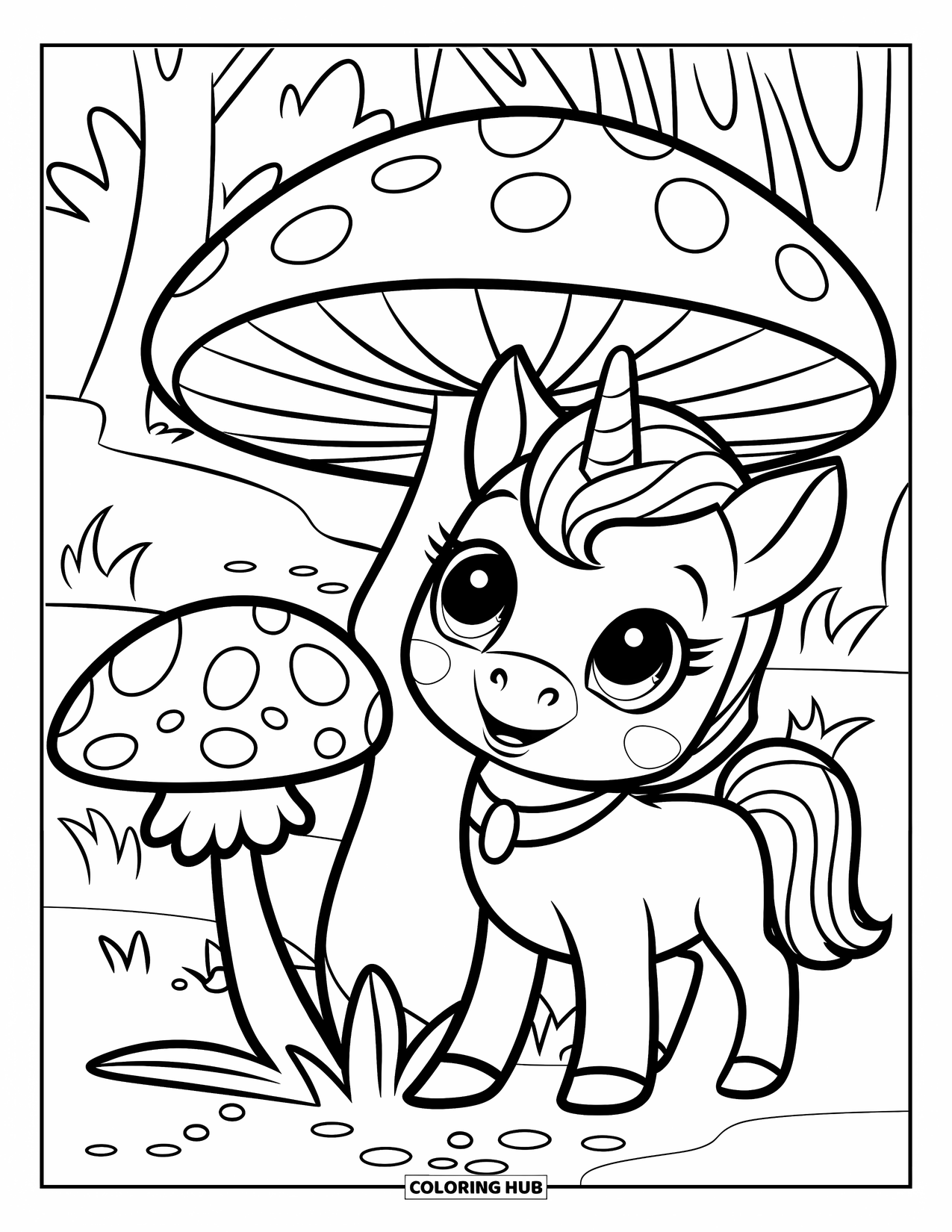 Magic Coloring Page for Kids: A baby unicorn with a collar stands near a toadstool in a forest