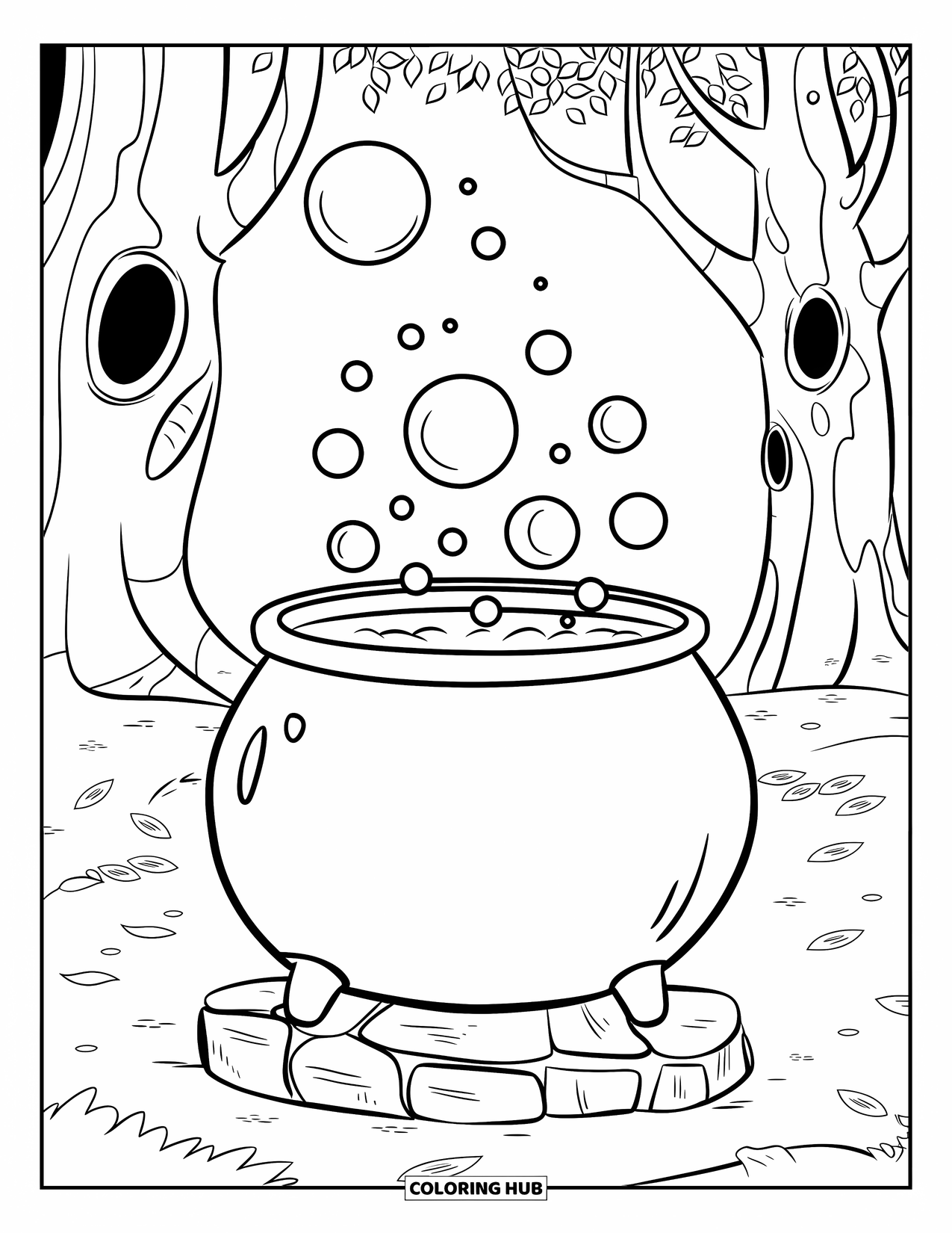 Magic Coloring Page for Kids: A bubbling cauldron on stone surrounded by whimsical trees in a leafy clearing