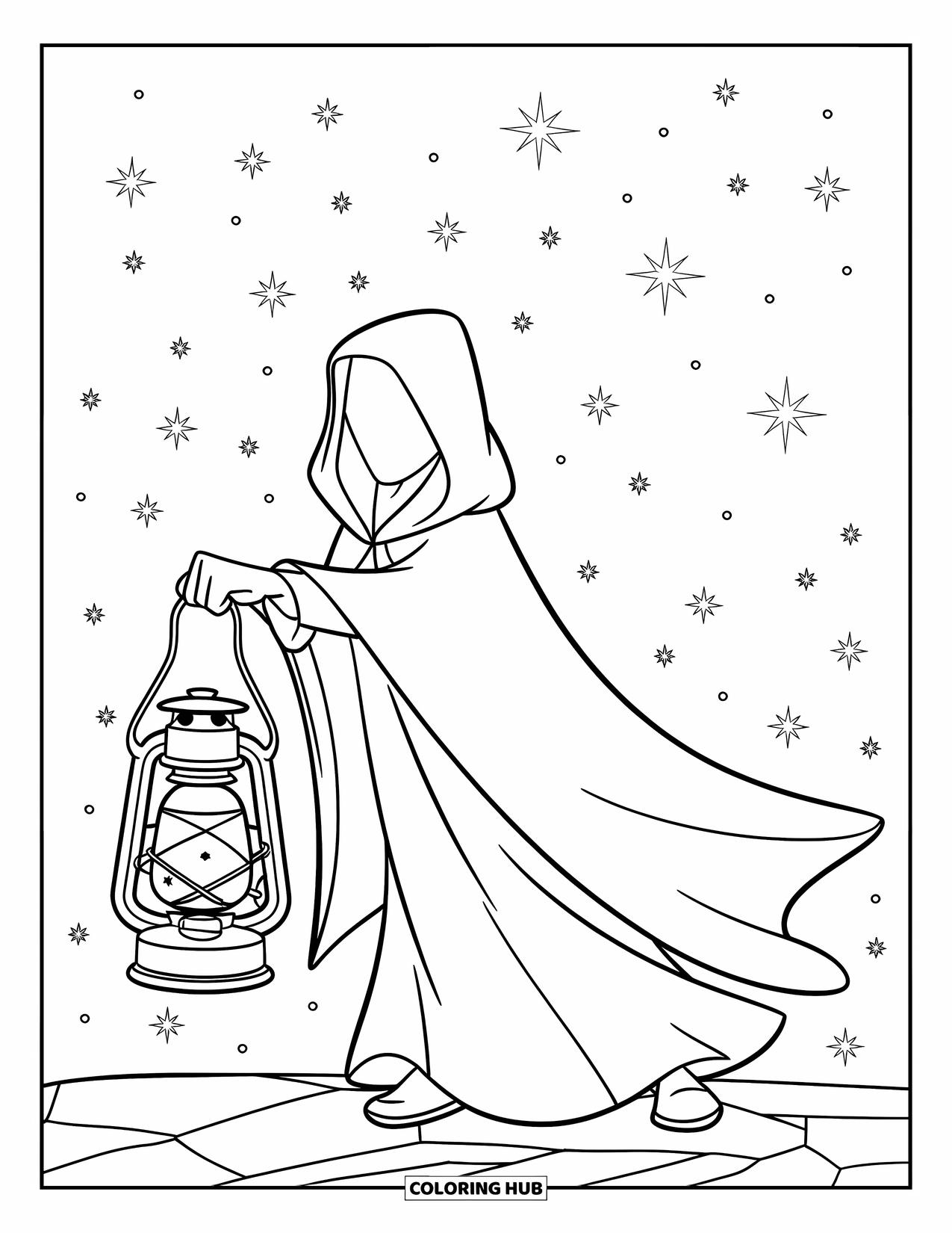 Magic Coloring Page for Kids: A cloaked figure stands on rocky ground holding a lantern filled with stars