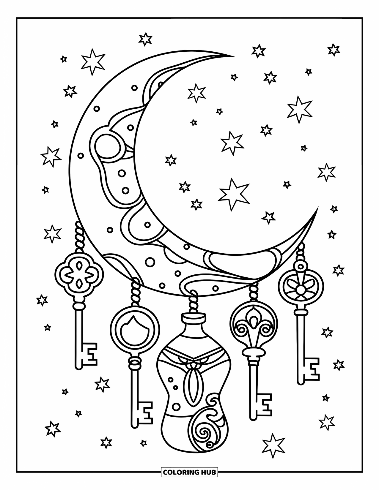 Magic Coloring Page for Kids: A crescent moon surrounded by stars with hanging potions and intricate enchanted keys
