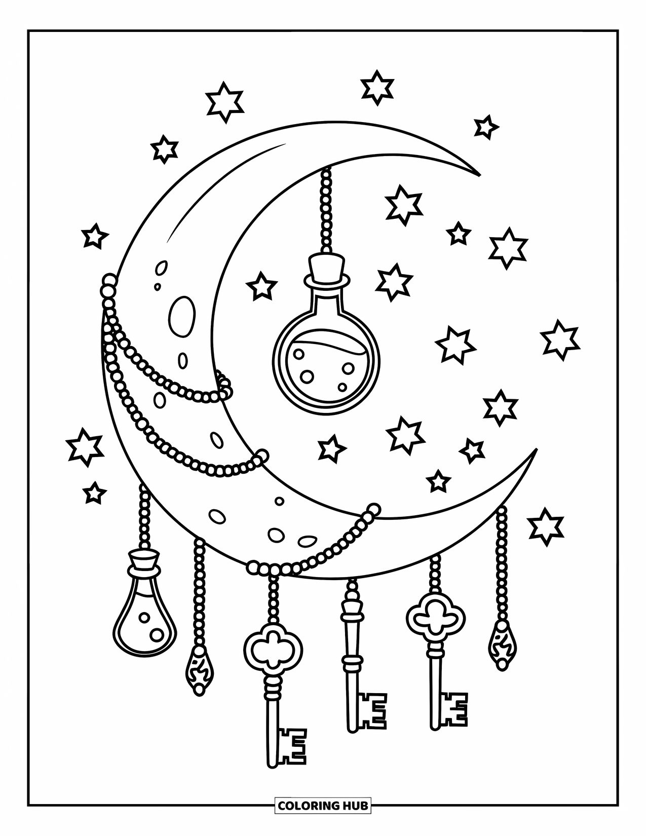 Magic Coloring Page for Kids: A crescent moon with hanging potion bottles, enchanted keys, and floating stars