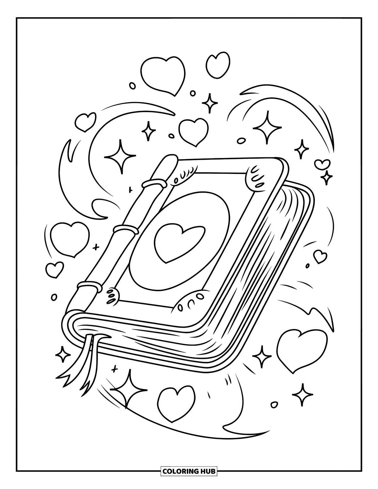Magic Coloring Page for Kids: A floating spellbook surrounded by hearts and sparkles radiates a magical aura