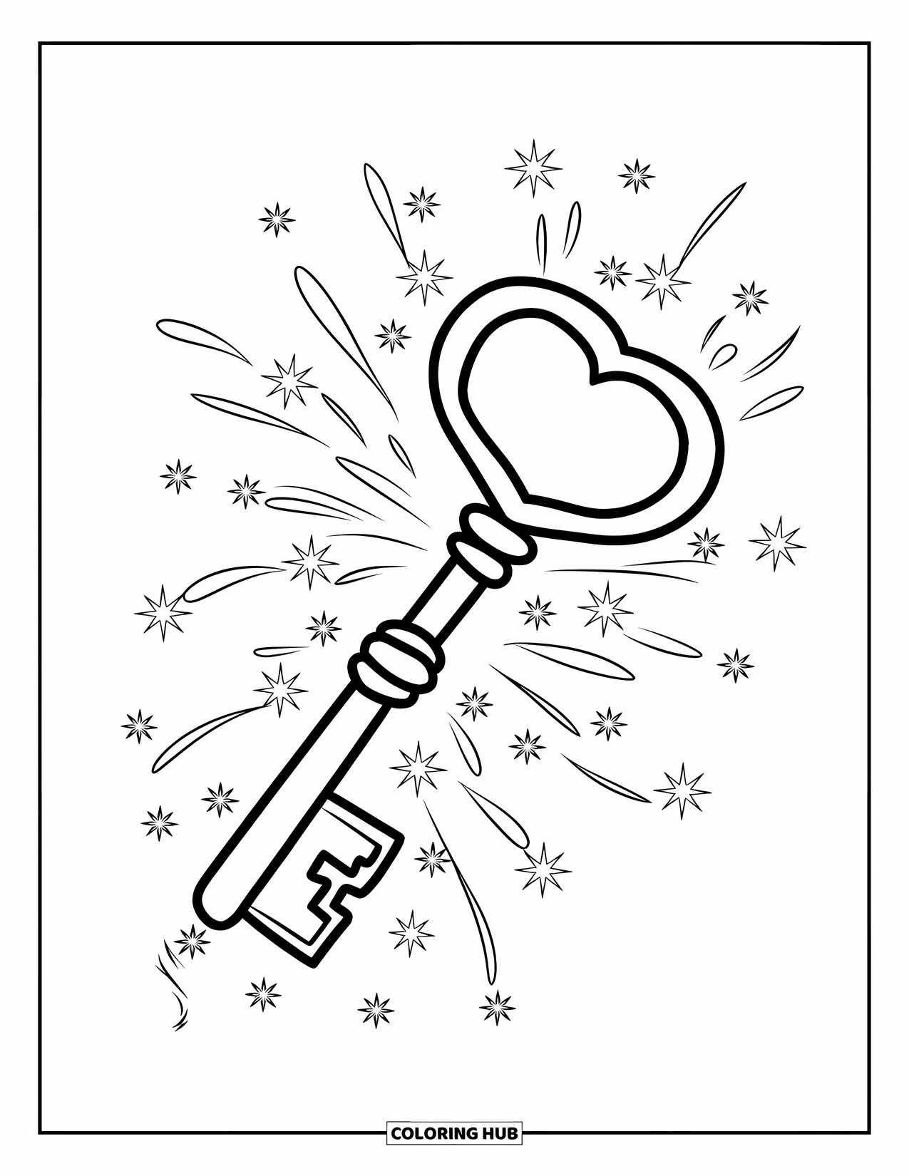 Magic Coloring Page for Kids: A heart-handled magical key glowing with sparkling magical trails