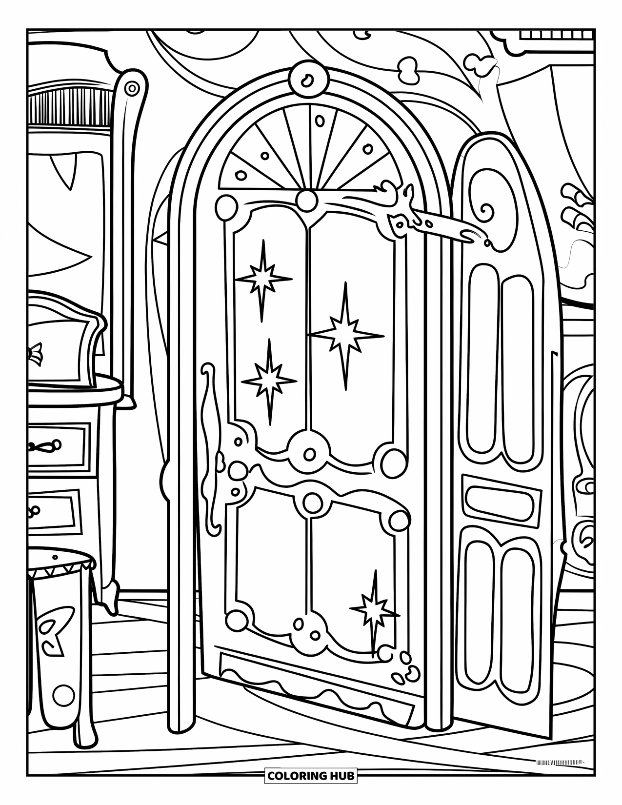 Magic Coloring Page for Kids: A hidden magical door glimmers with symbols and sparkles in an old-fashioned room