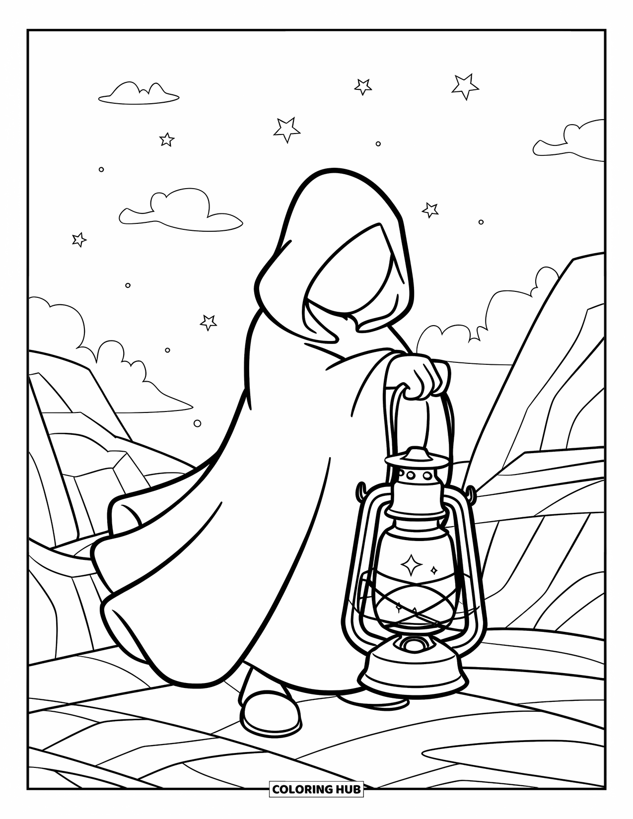 Magic Coloring Page for Kids: A hooded figure stands on rocks with a glowing lantern beneath a star-filled sky