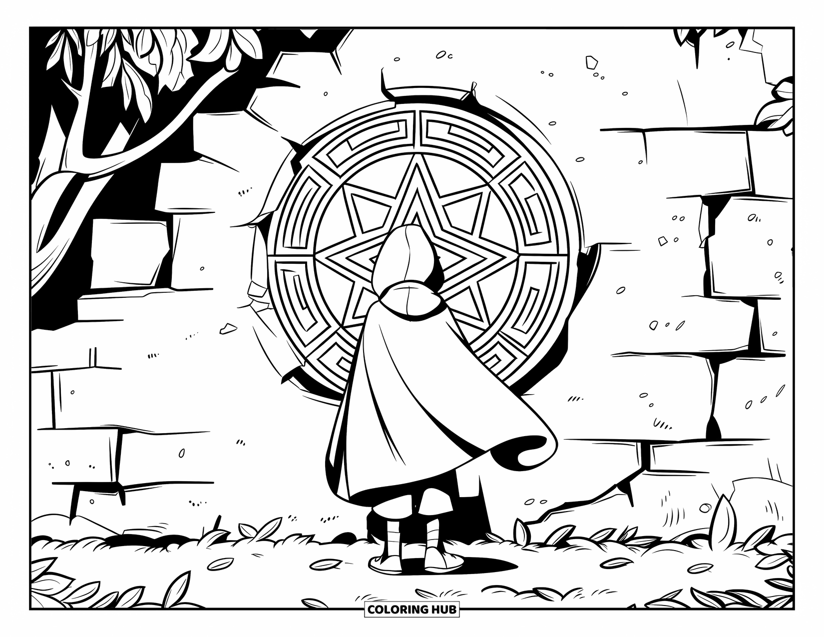 Magic Coloring Page for Kids: A hooded teen faces an ancient patterned seal on a crumbling stone wall