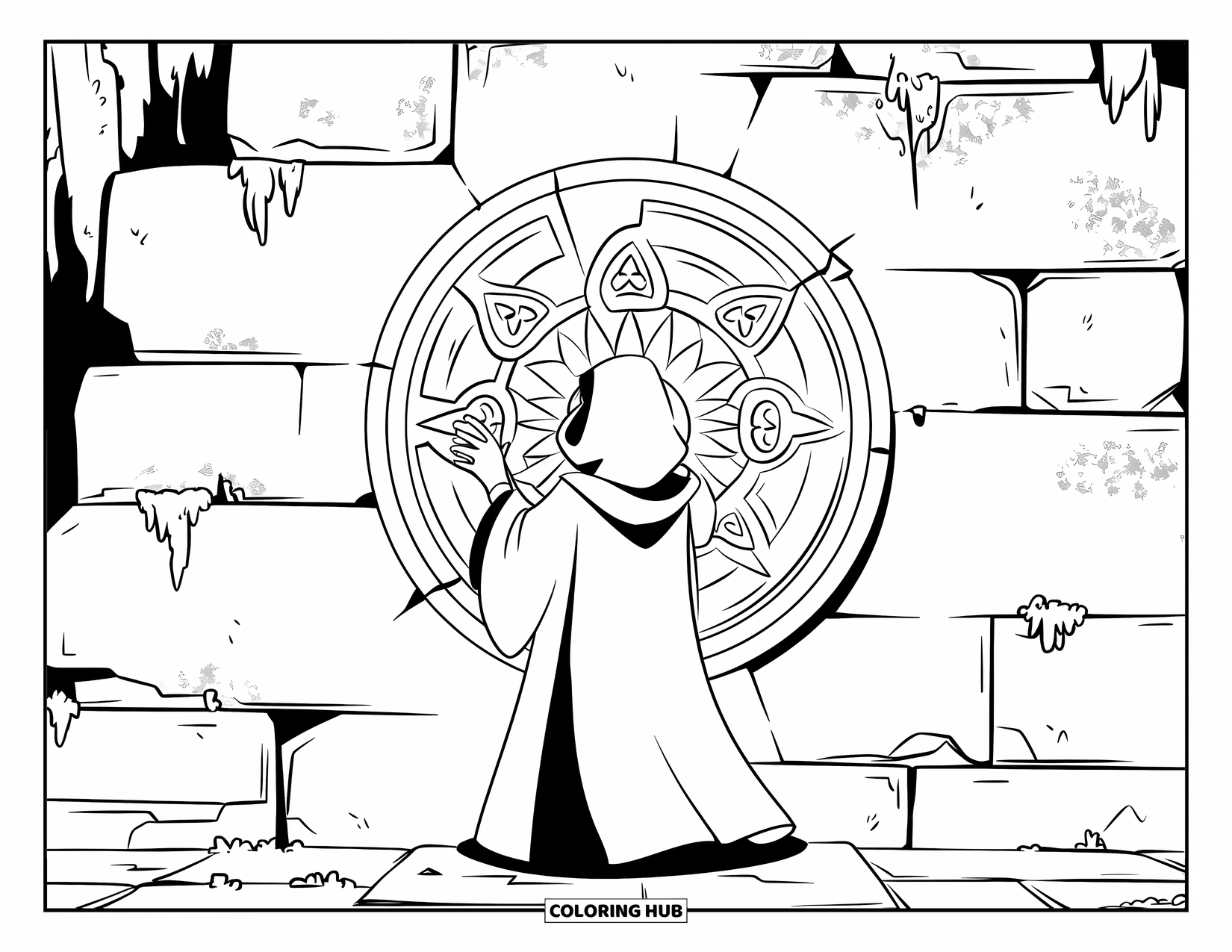Magic Coloring Page for Kids: A hooded teen raises their hands at a glowing magical seal on a mossy wall