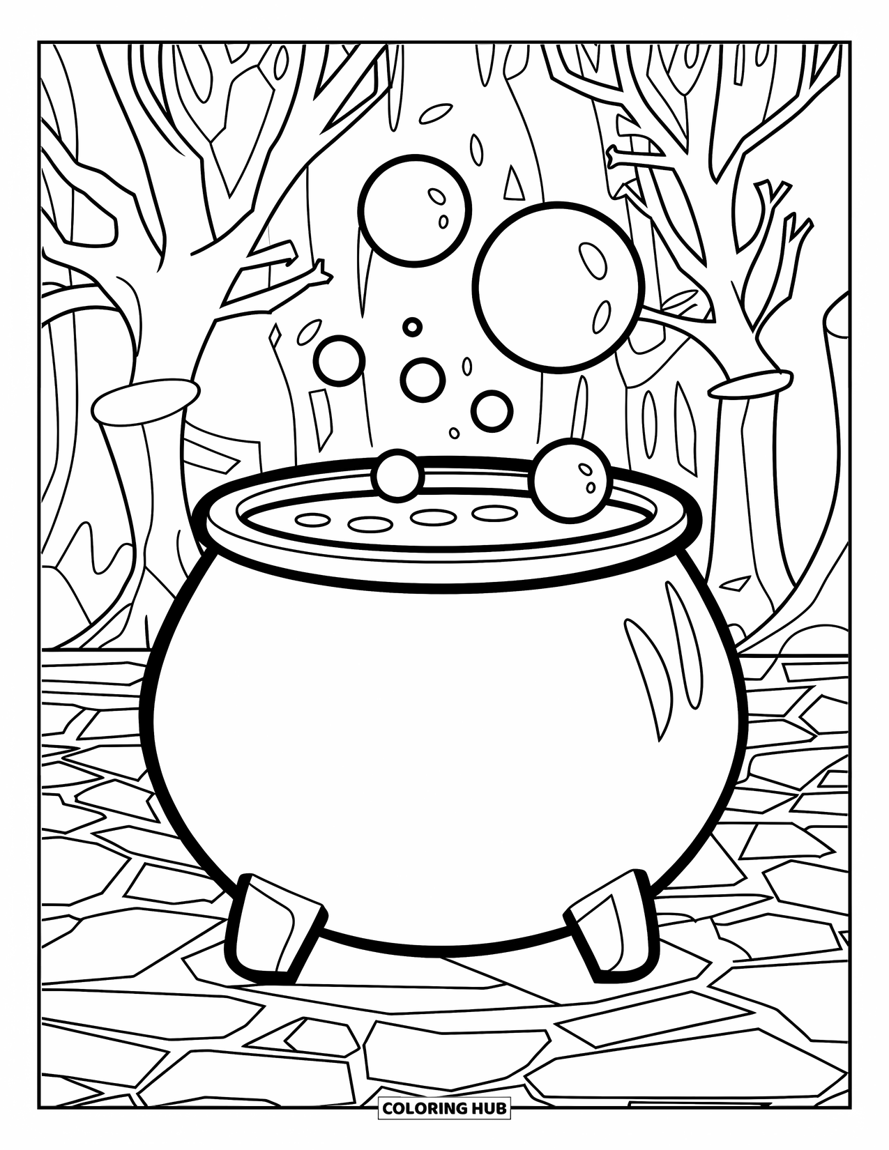 Magic Coloring Page for Kids: A large bubbling cauldron on stone in a forest of bone-like trees