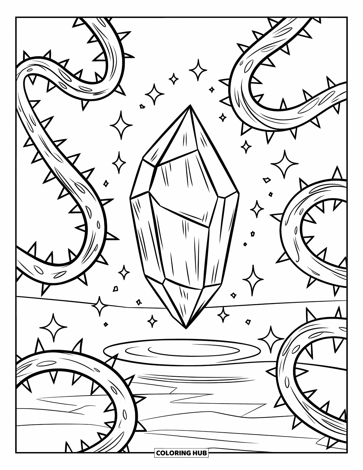 Magic Coloring Page for Kids: A levitating crystal with thorny vines and sparkling magic surrounding it