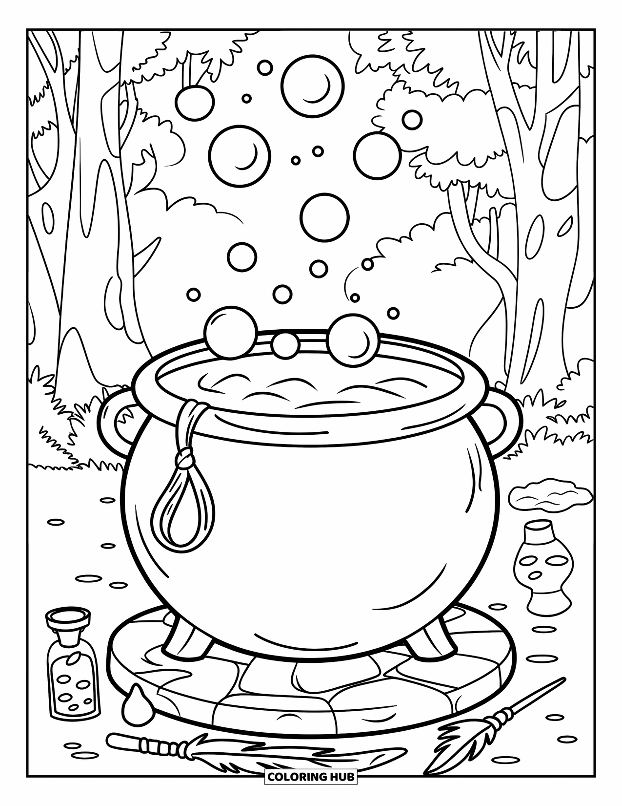 Magic Coloring Page for Kids: A magical cauldron with bubbles rising and potion ingredients scattered around