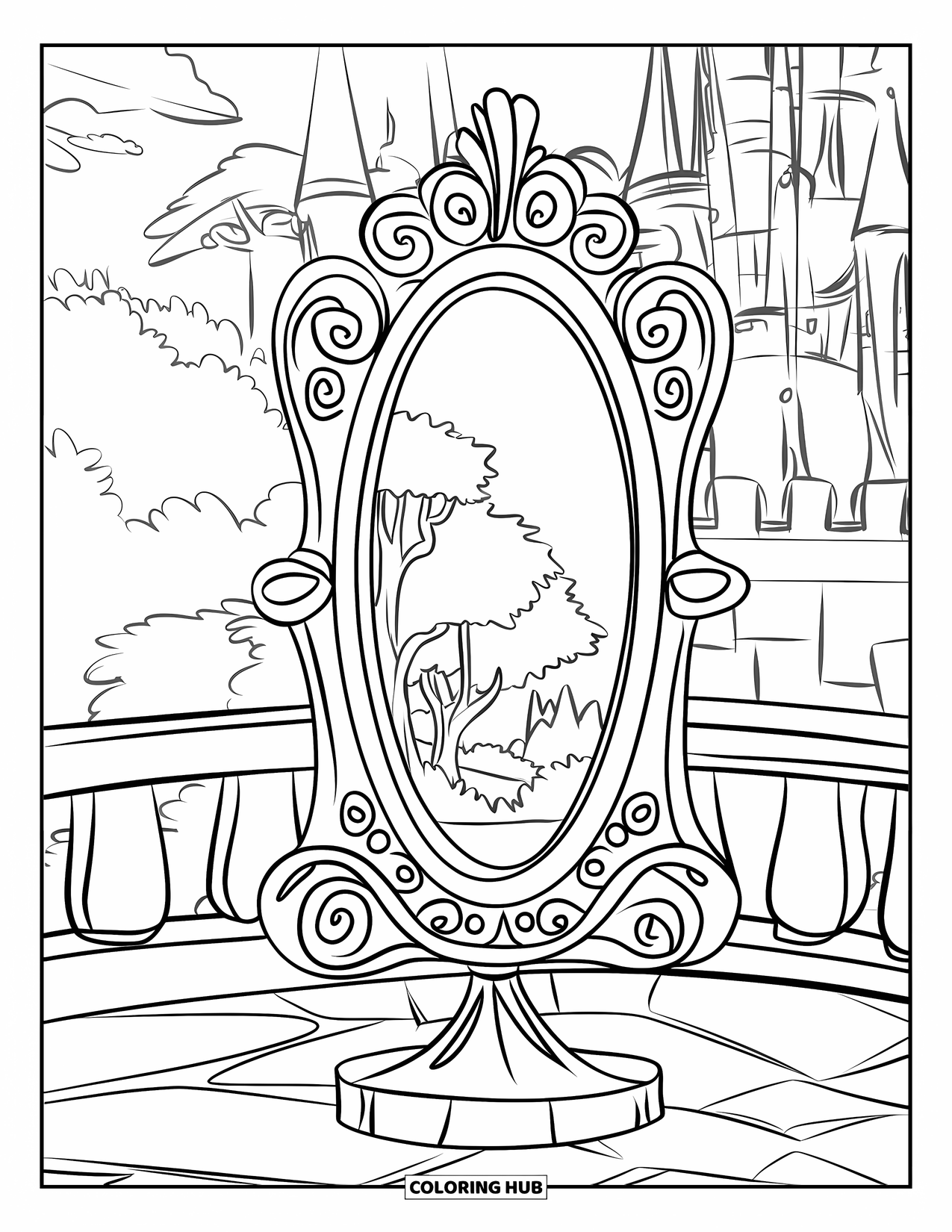 Magic Coloring Page for Kids: A magical mirror on a stone pedestal shows a portal to a lush floating forest
