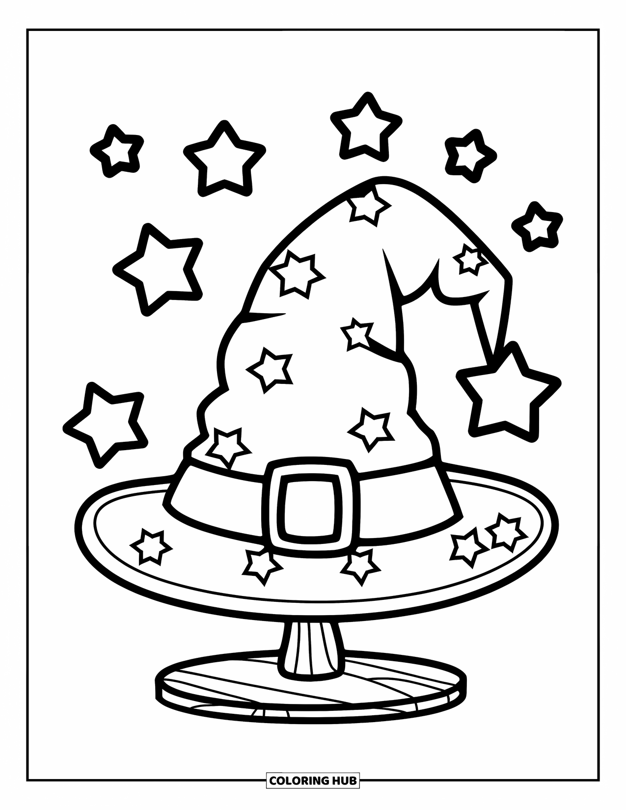 Magic Coloring Page for Kids: A playful wizard hat on a stand surrounded by floating stars