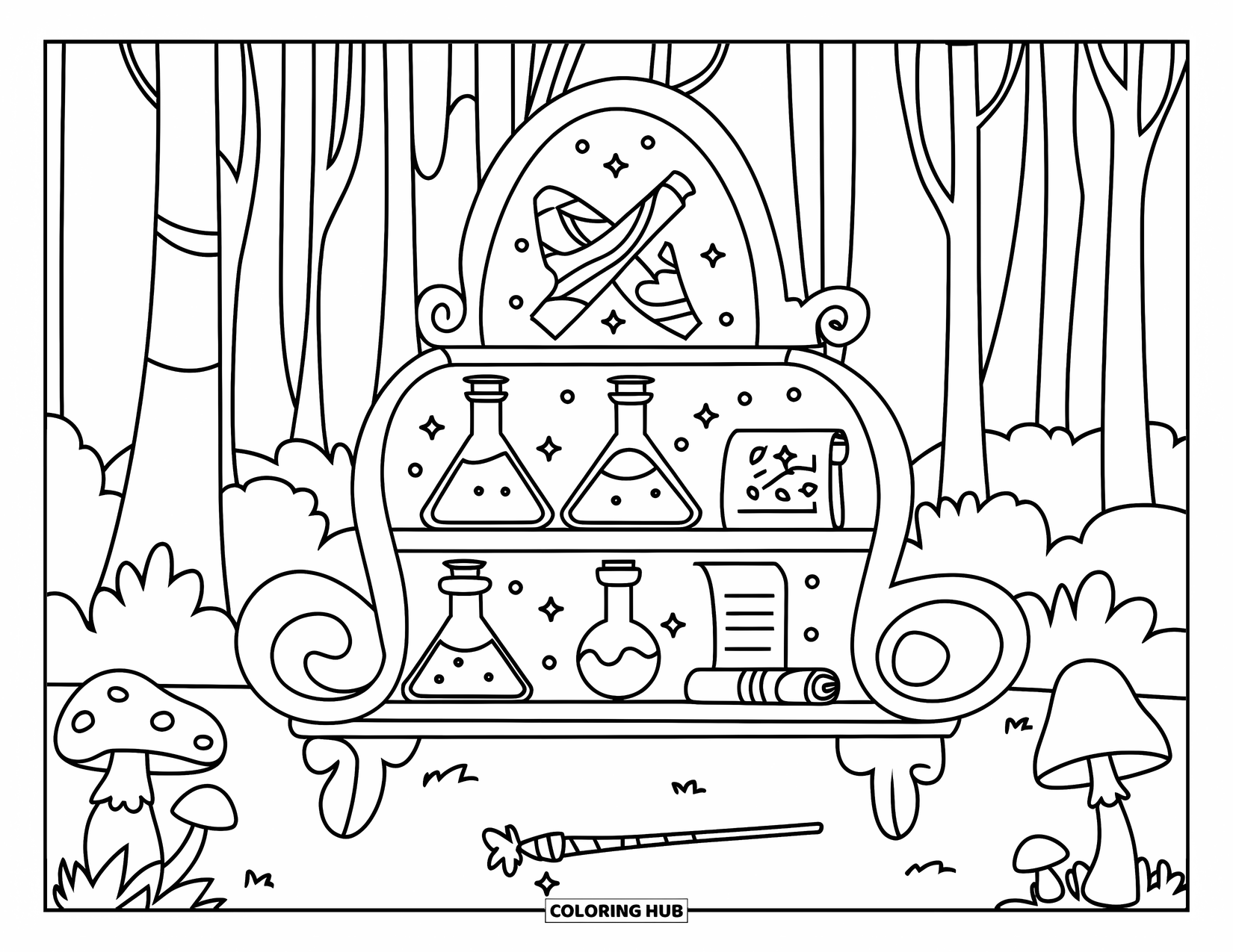Magic Coloring Page for Kids: A potion shelf with flasks, scrolls, mushrooms, and sparkles in a magical forest