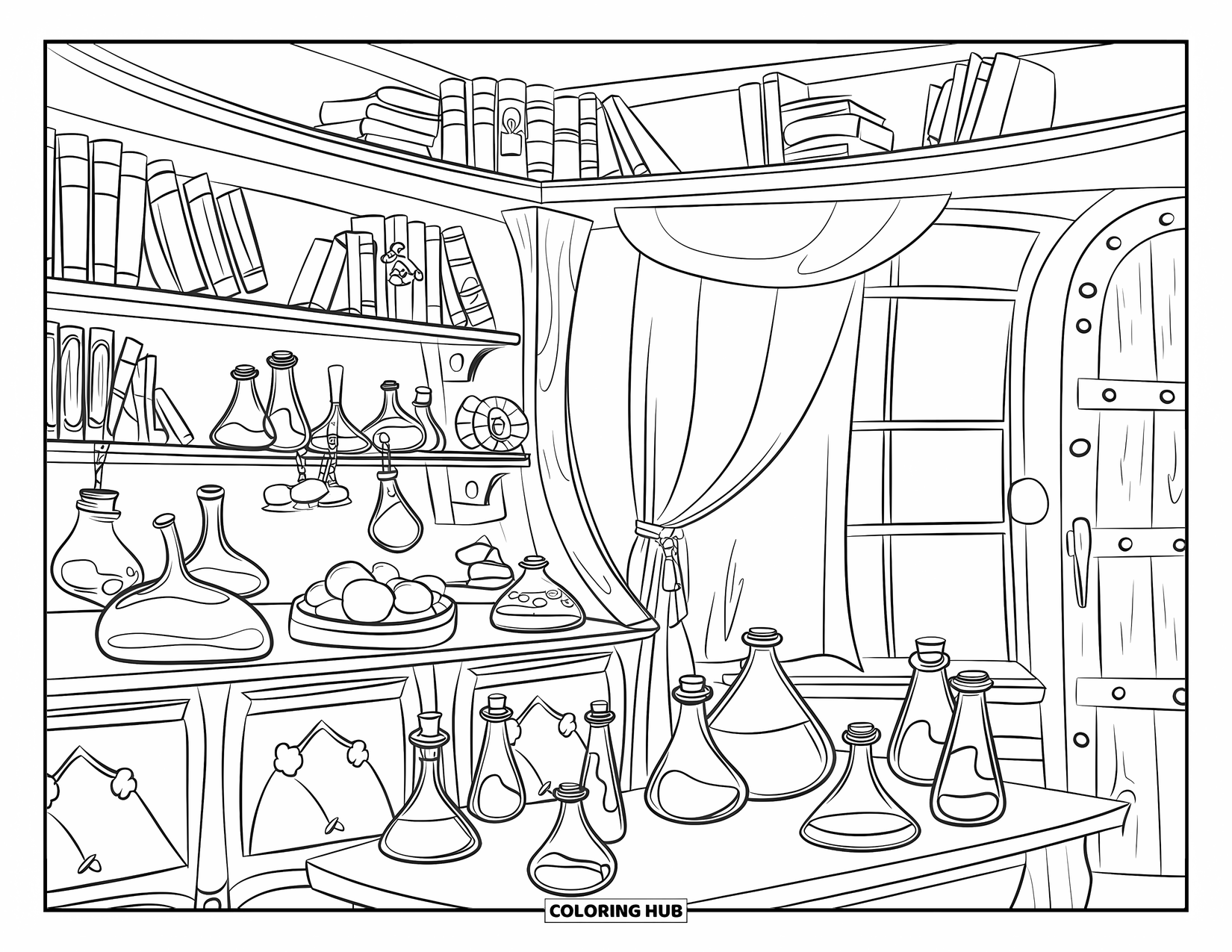Magic Coloring Page for Kids: A potion workshop filled with books, glass bottles, and wooden shelves