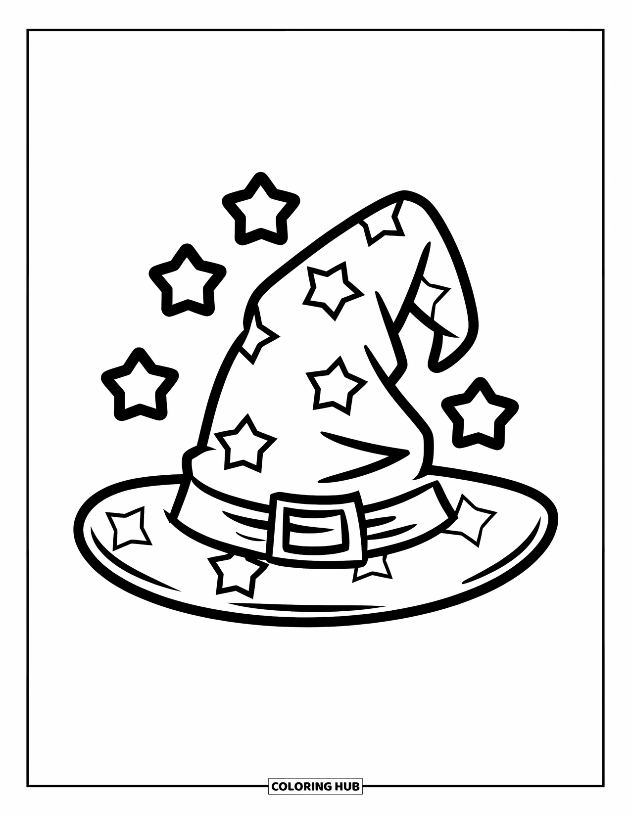 Magic Coloring Page for Kids: A round-brimmed wizard hat with six floating stars above it