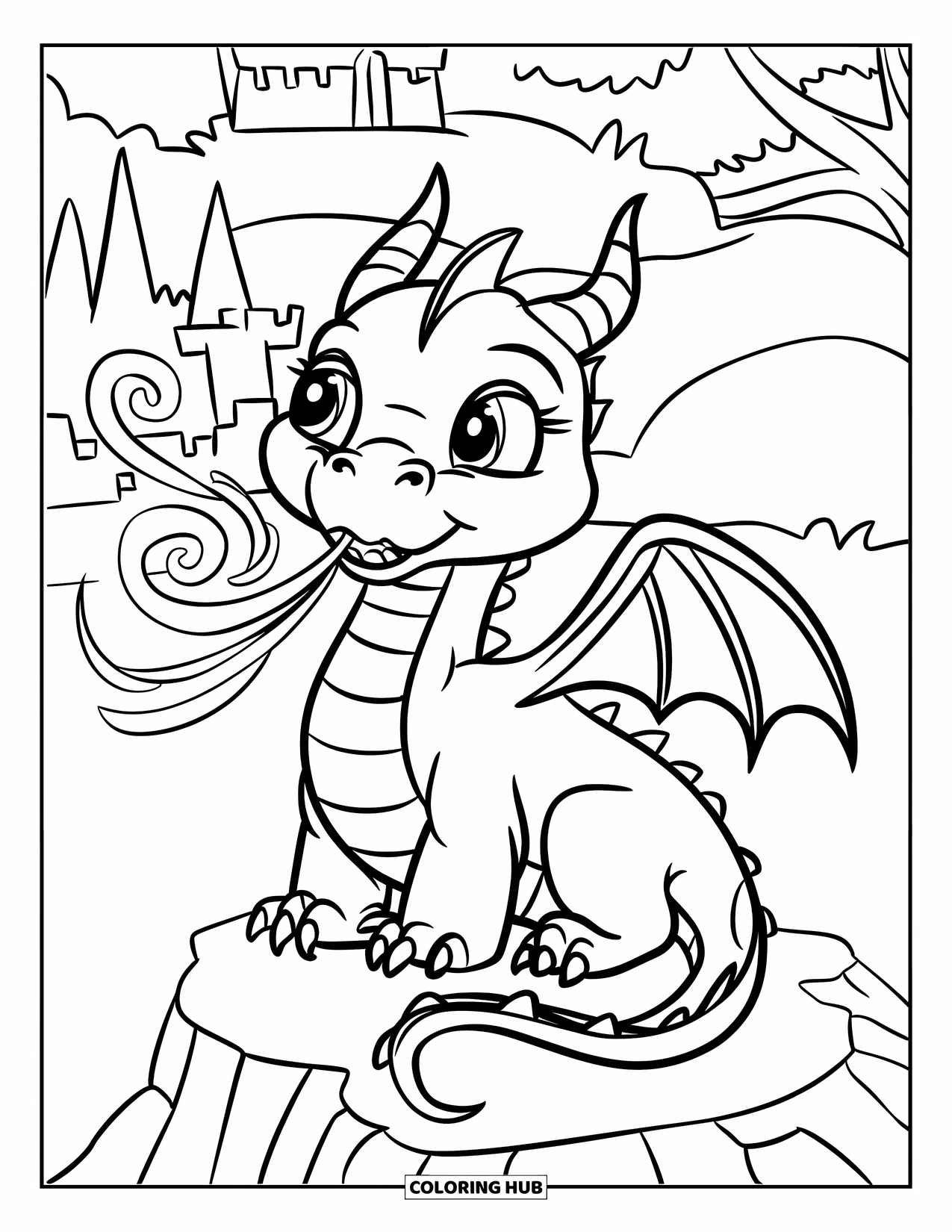 Magic Coloring Page for Kids: A small winged dragon blows magical swirls while sitting on a rock near a castle