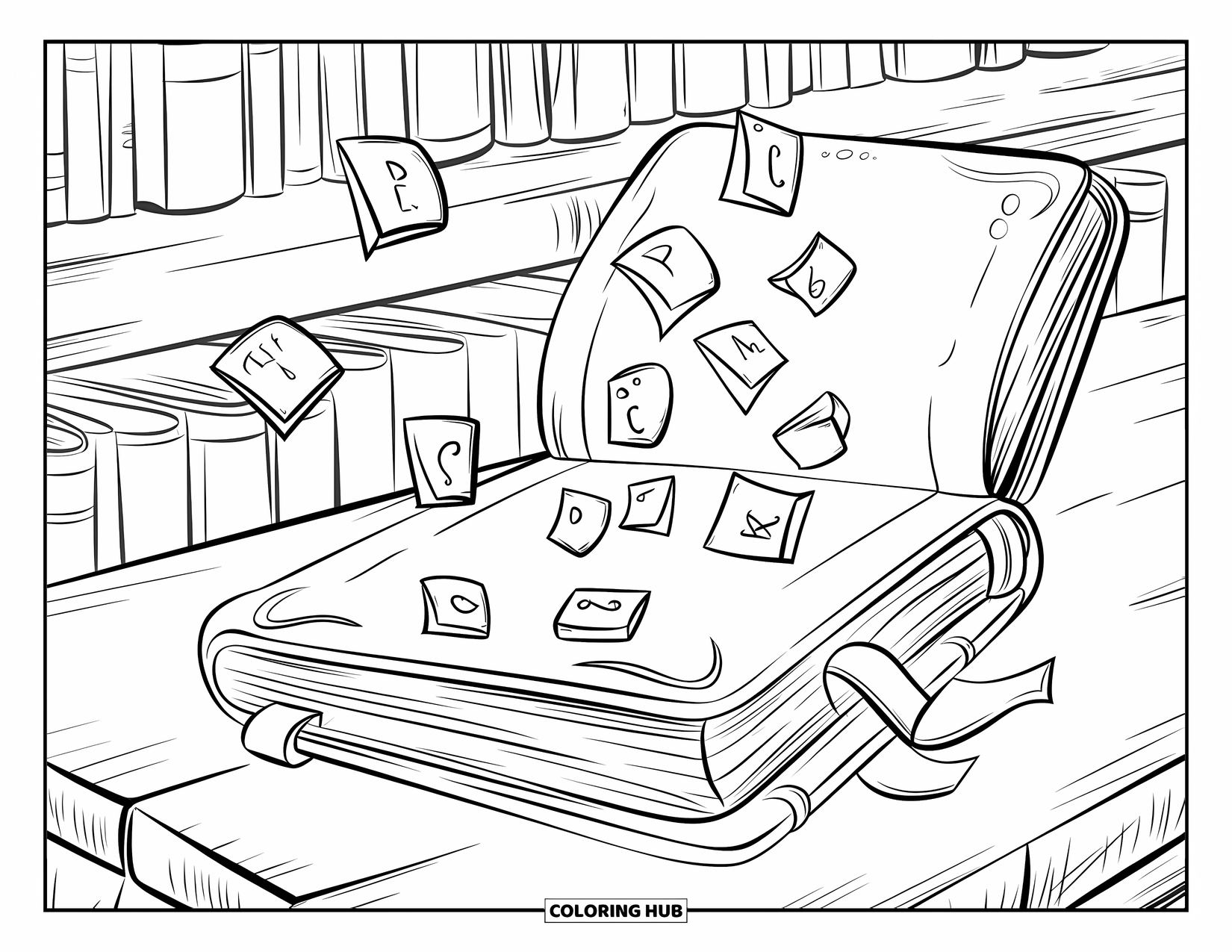 Magic Coloring Page for Kids: A spellbook opens on its own with floating letters in a grand library