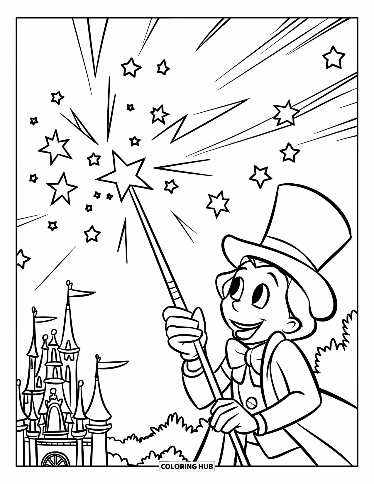 Magic Coloring Page for Kids: A wand held by a character shoots stars into the sky near a castle