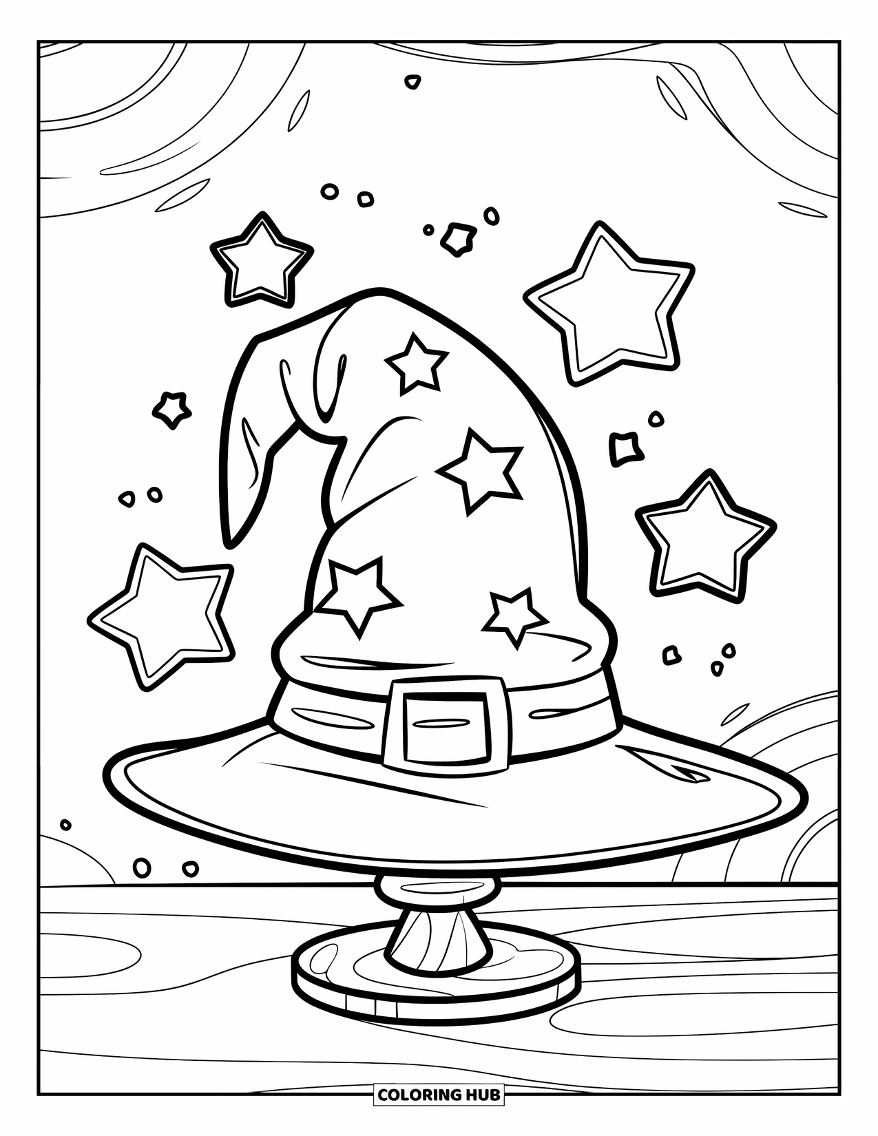 Magic Coloring Page for Kids: A whimsical wizard hat with floating stars rests on a wooden stand