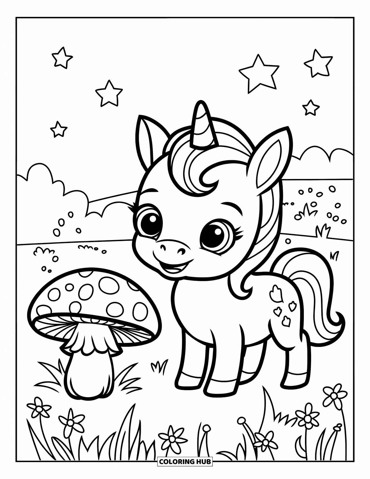 Magic Coloring Page for Kids: An adorable baby unicorn with a crown stands by a toadstool under a starry sky