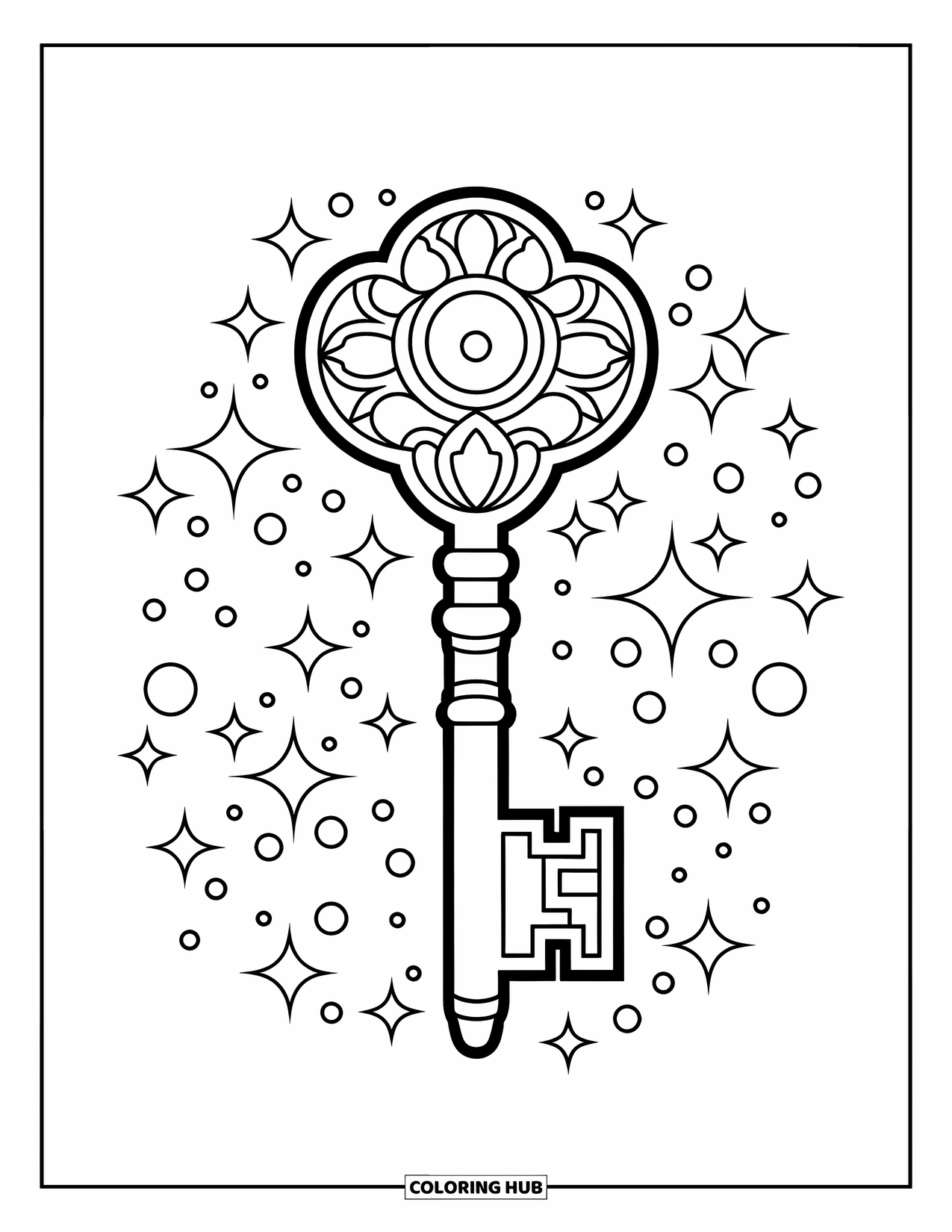 Magic Coloring Page for Kids: An ornate magical key with intricate patterns surrounded by shimmering sparkles