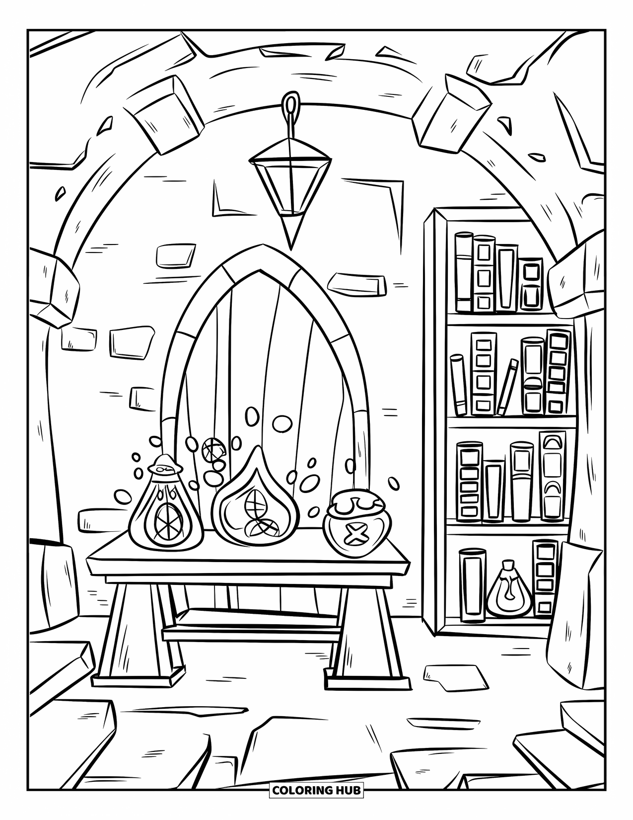 Magic Coloring Page for Kids: An underground room with glowing sigils, potion jars, bookshelves, and a hanging lantern