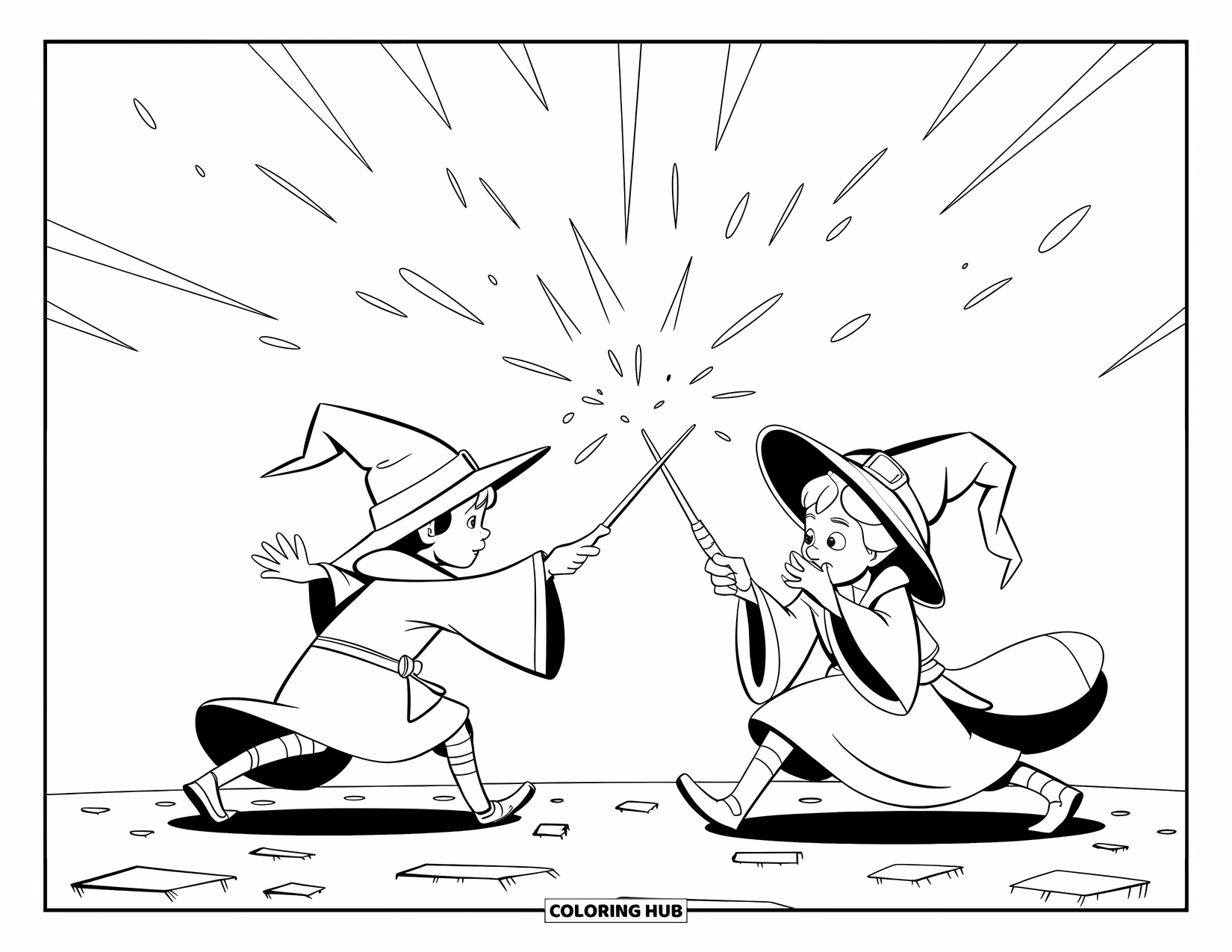Magic Coloring Page for Kids: Two wizards duel with wands as sparks fly over a stone floor