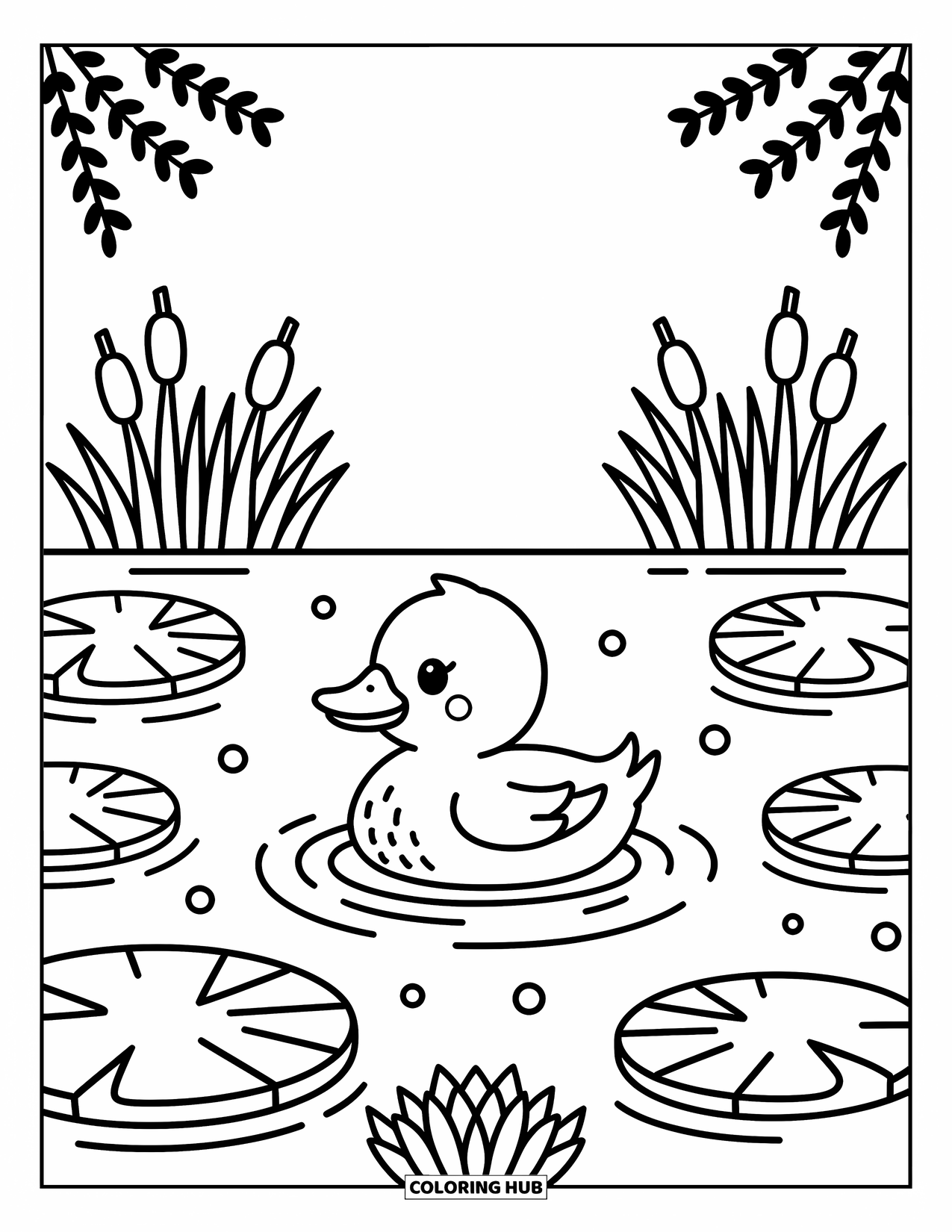 Mallard Duck Coloring Page for Adults: Cute mallard floating with lily pads, water lilies, and willow branches