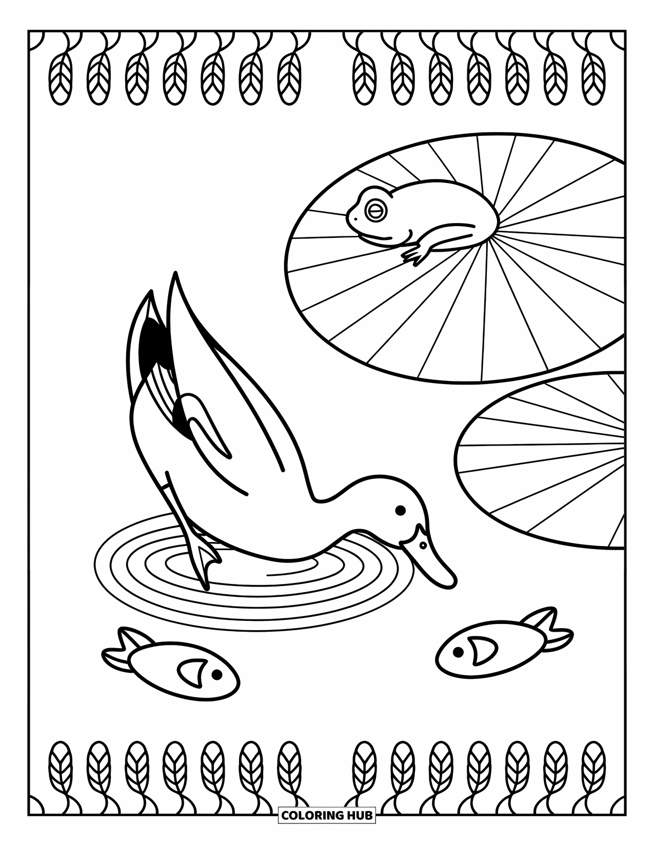 Mallard Duck Coloring Page for Adults: Mallard dabbling by the shore with a frog nearby and fish under the water