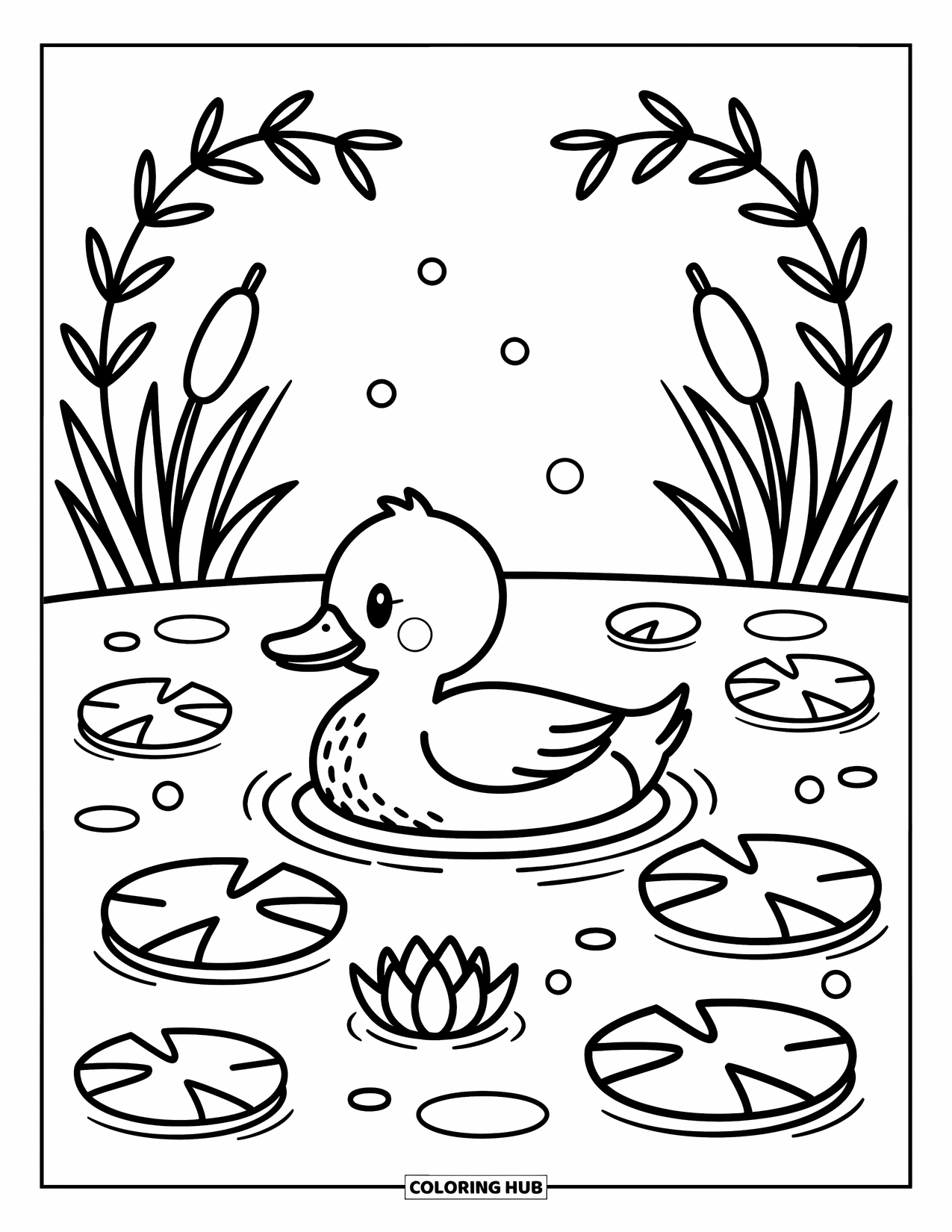 Mallard Duck Coloring Page for Adults: Mallard floating among lily pads with cattails and willow branches framing the scene