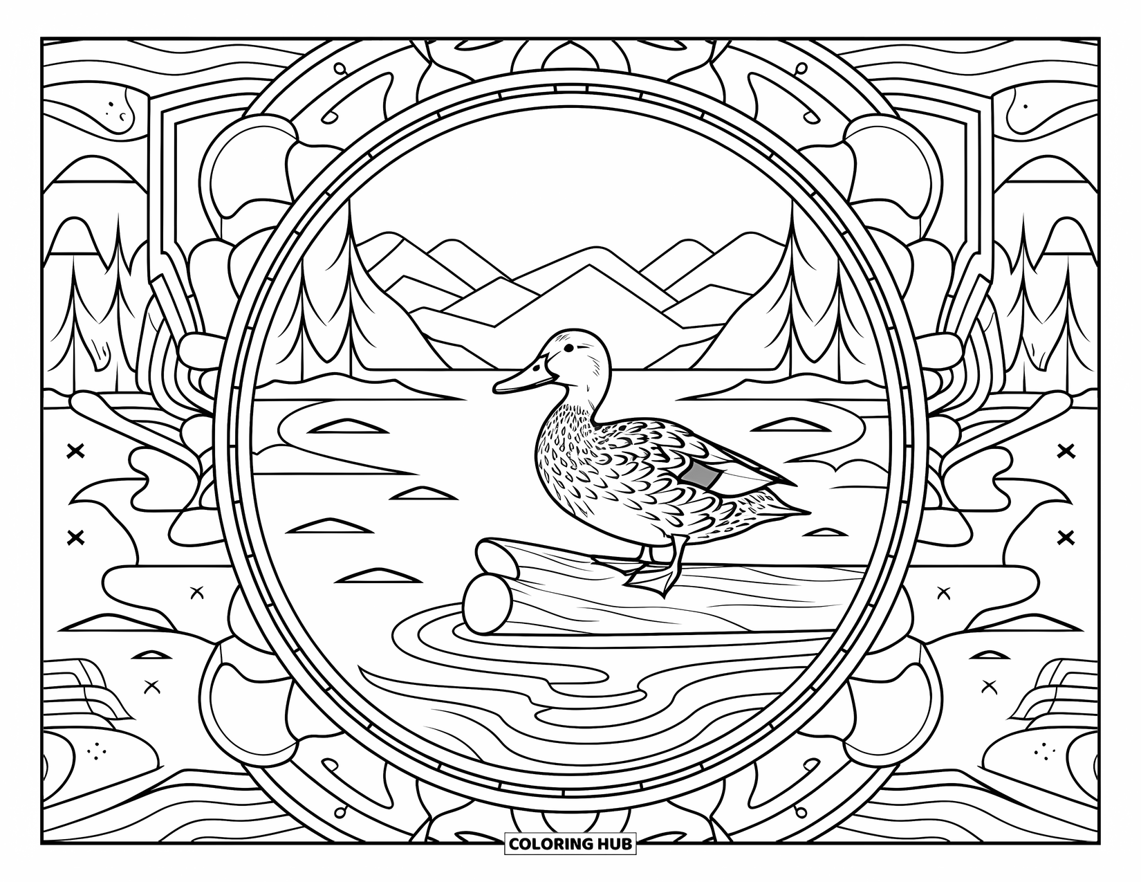 Mallard Duck Coloring Page for Adults: Mallard on a log with stained glass water and mountain scenery