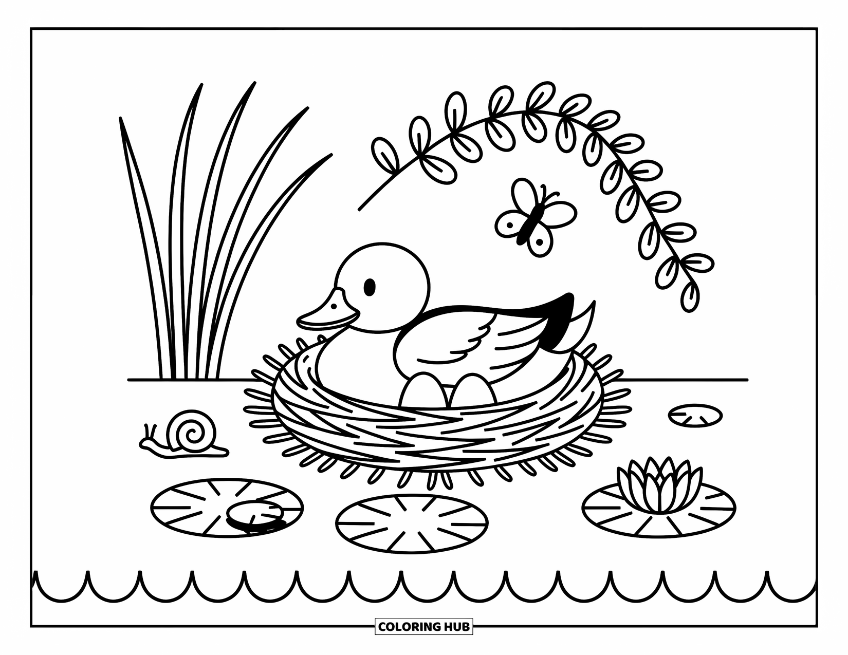 Mallard Duck Coloring Page for Adults: Mallard resting in a nest with eggs, reeds, and a floating water lily