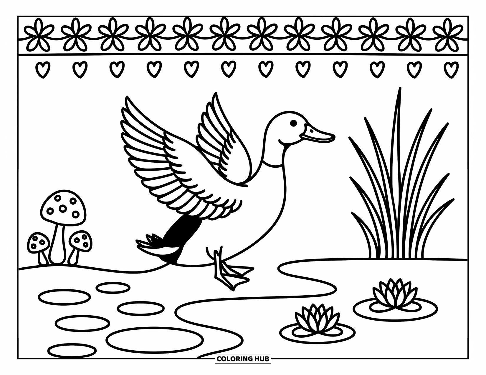 Mallard Duck Coloring Page for Adults: Mallard stretching on a pebble shore with mushrooms, reeds, and lily pads