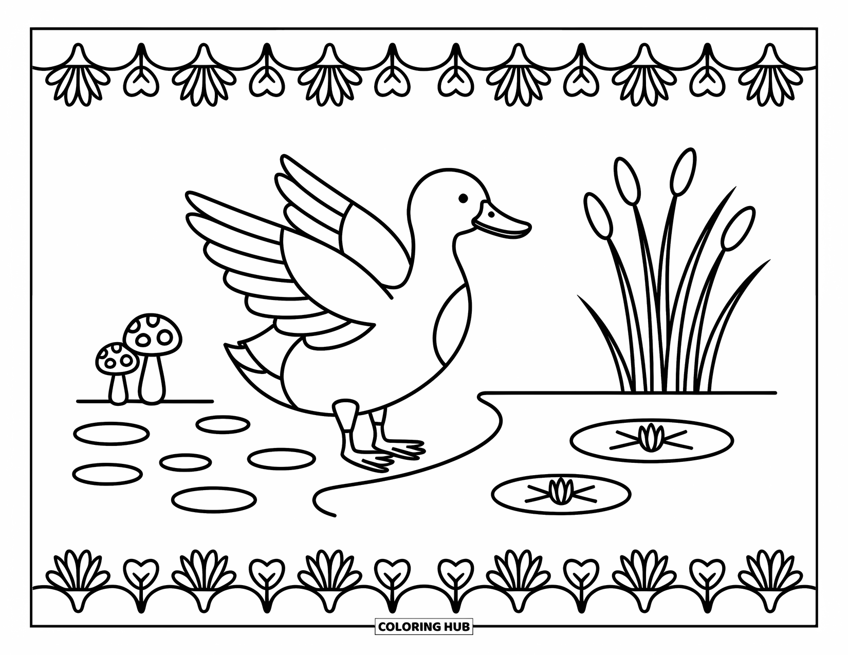 Mallard Duck Coloring Page for Adults: Mallard with wings extended on a pebble shoreline beside lily pads and reeds