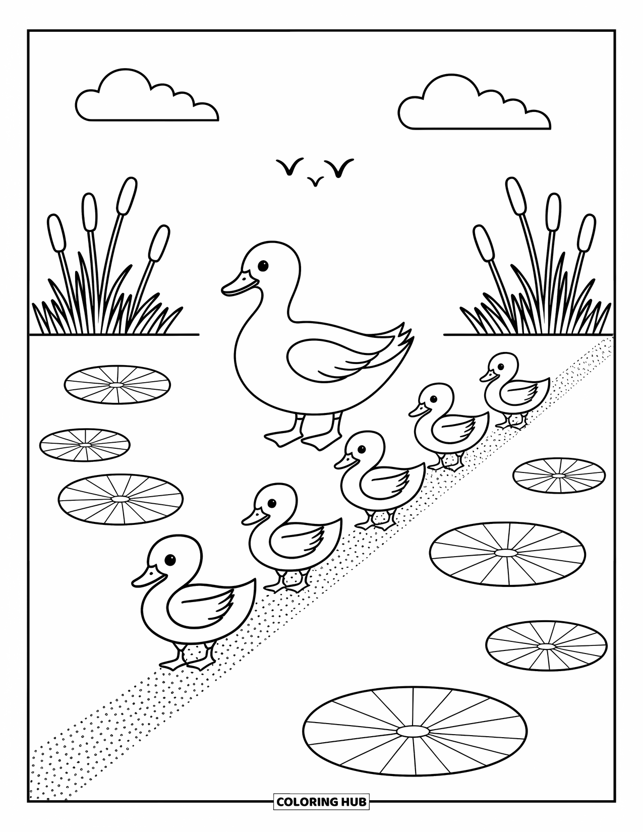 Mallard Duck Coloring Page for Adults: Parent mallard with ducklings crossing lily pads and distant birds overhead