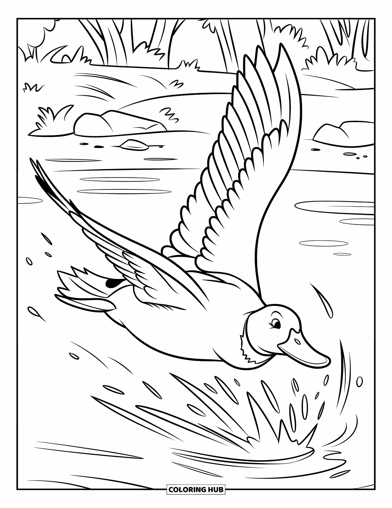 Mallard Duck Coloring Page for Kids: Mallard duck diving into water near rocks and trees