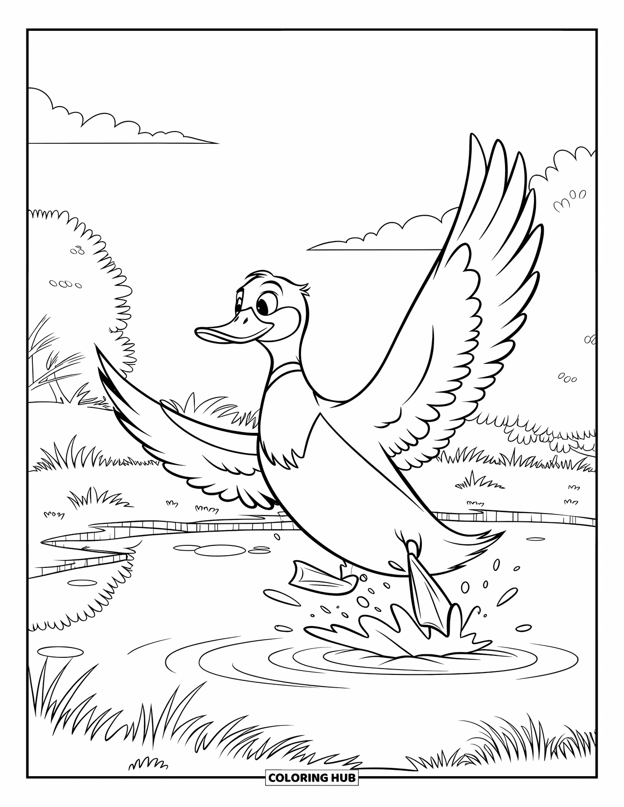 Mallard Duck Coloring Page for Kids: Mallard duck landing on a pond surrounded by grass and trees