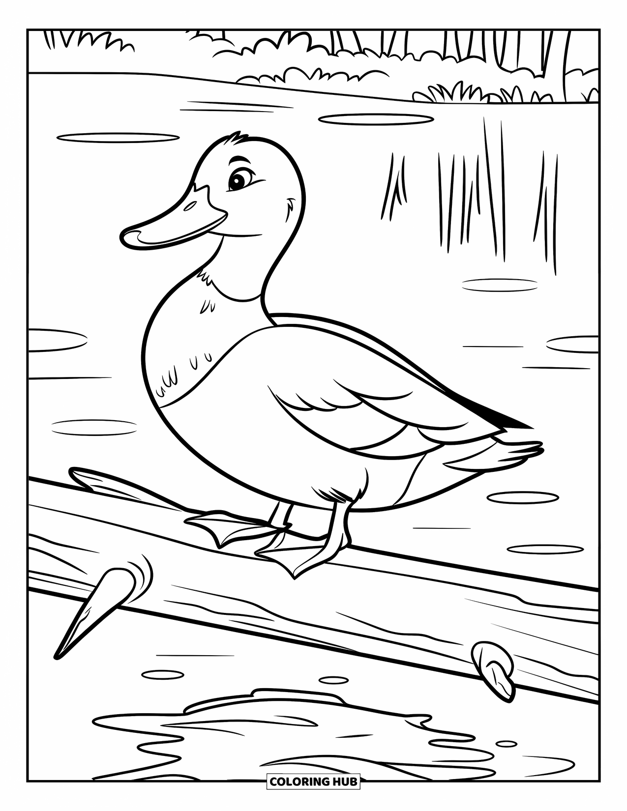 Mallard Duck Coloring Page for Kids: Mallard duck on a log with water and trees in the background