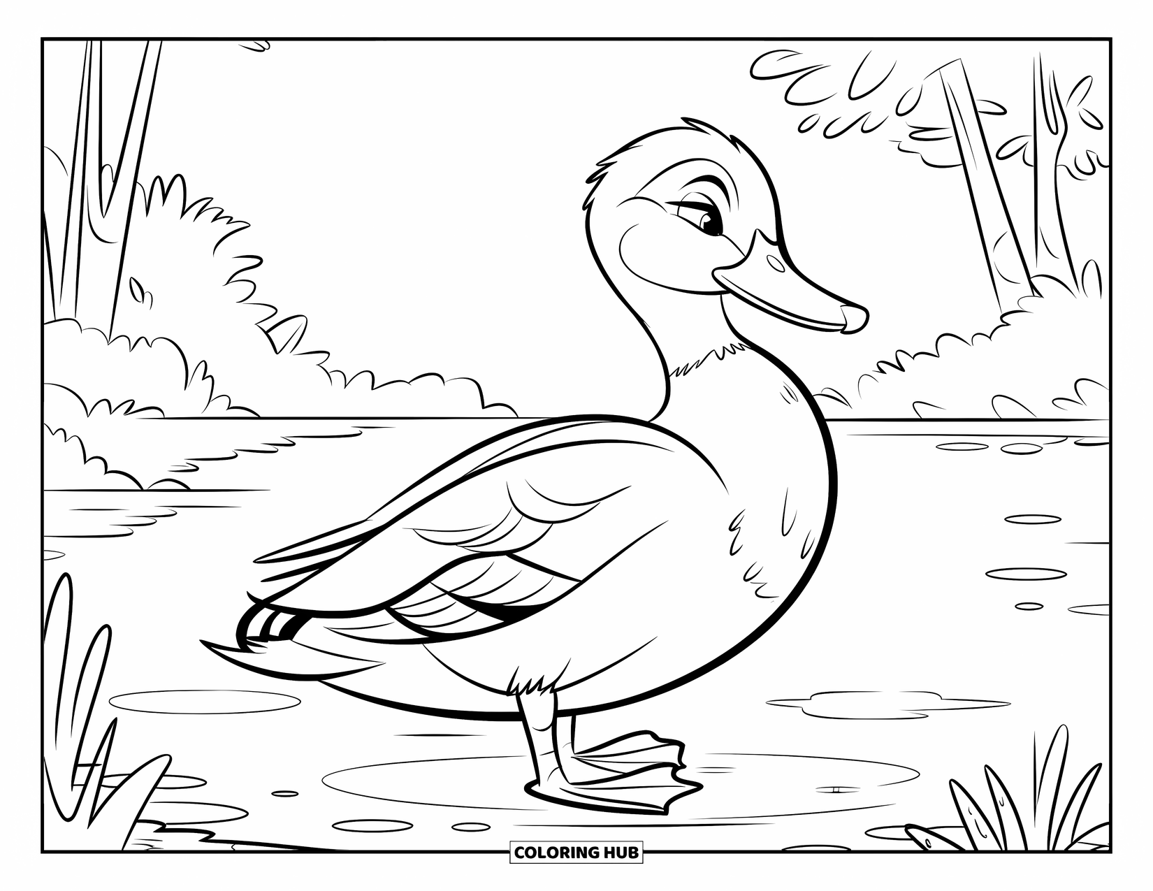 Mallard Duck Coloring Page for Kids: Mallard duck on one foot near calm water and greenery