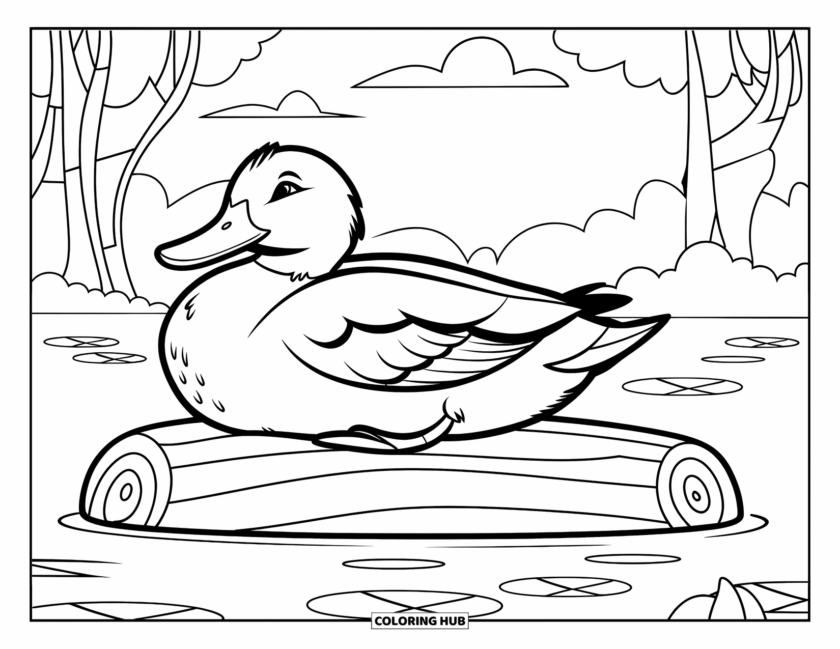 Mallard Duck Coloring Page for Kids: Mallard duck resting on a log in a pond with trees