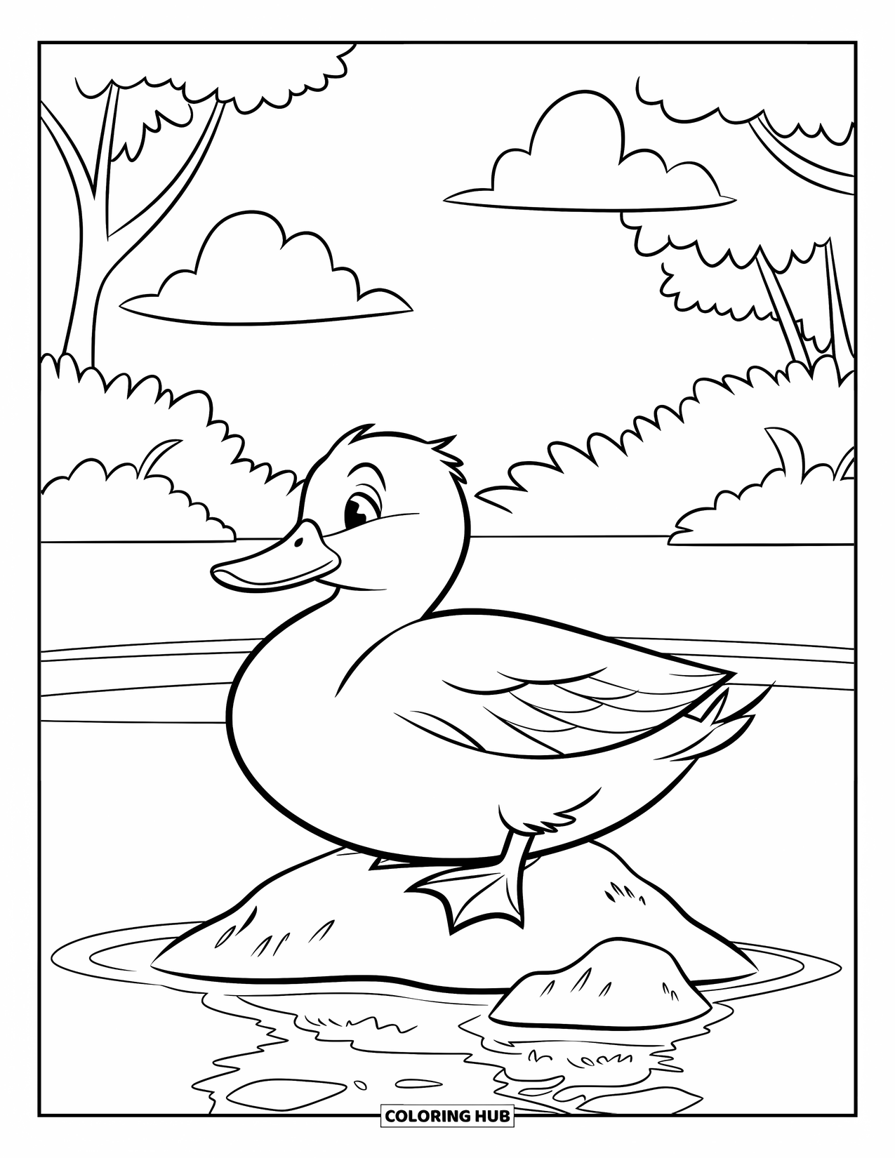 Mallard Duck Coloring Page for Kids: Mallard duck resting on a rock with trees and clouds