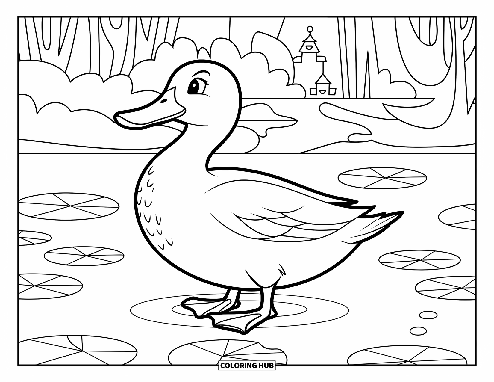 Mallard Duck Coloring Page for Kids: Mallard duck standing on one foot in a pond with a castle