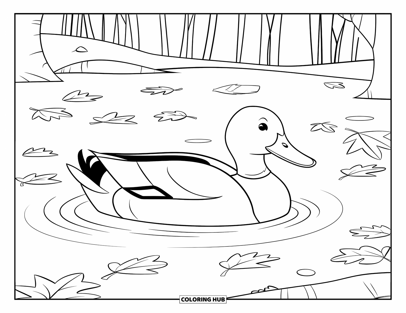 Mallard Duck Coloring Page for Kids: Mallard duck swimming among floating autumn leaves in a peaceful pond