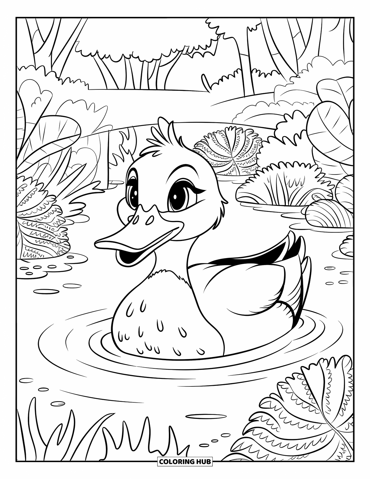 Mallard Duck Coloring Page for Kids: Mallard duck swimming in a pond with a bridge and plants
